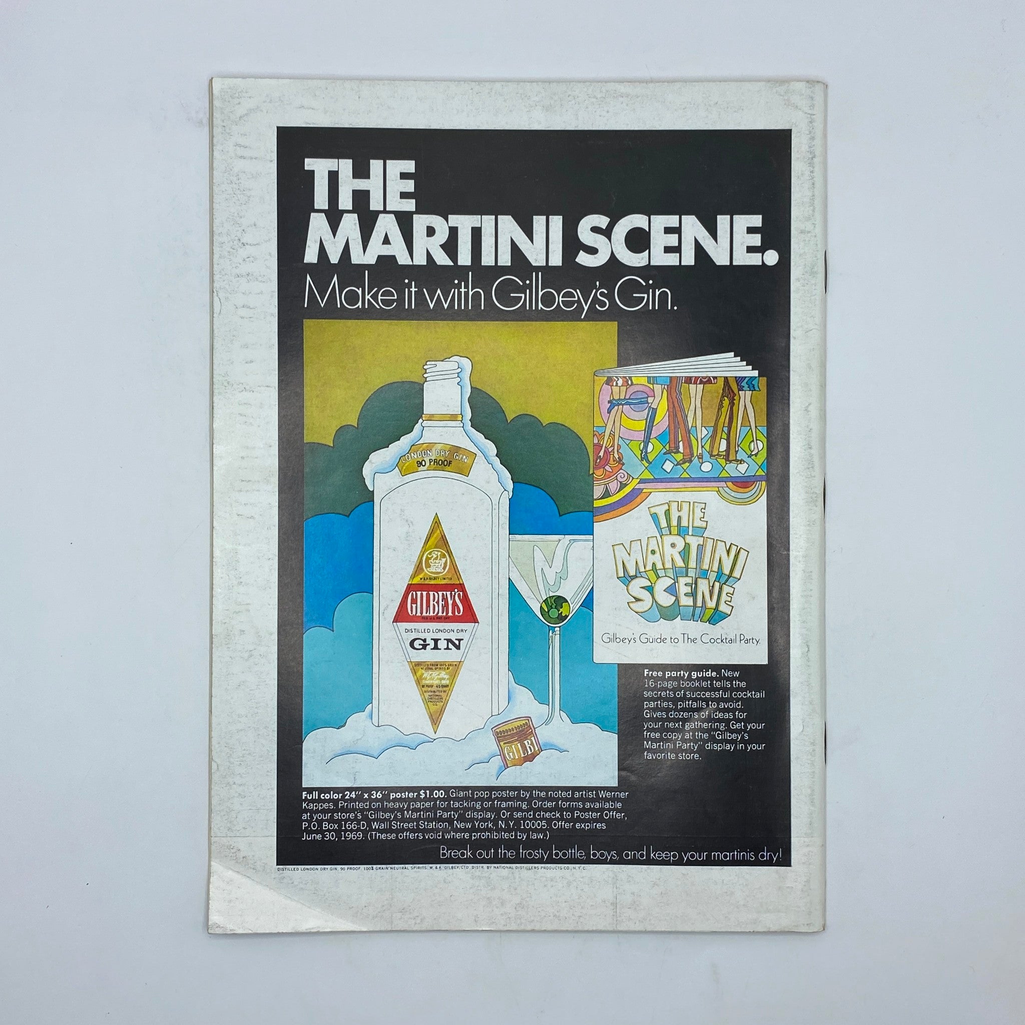 Advertisement for Gilbey's Gin titled 'The Martini Scene' from The New Yorker Complete Magazine February 1, 1969, promoting cocktail party ideas.