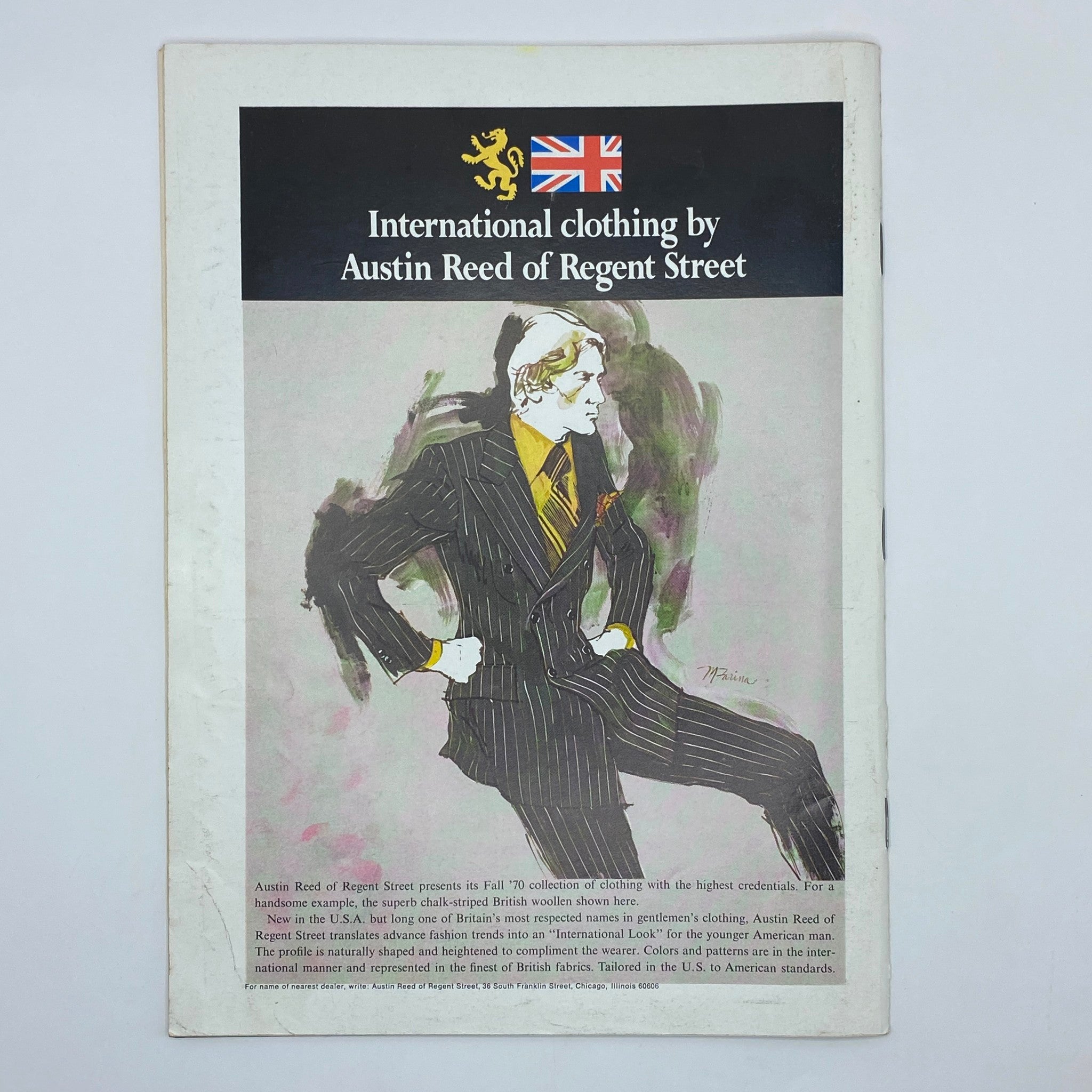Back cover of The New Yorker Complete Magazine August 8, 1970 showcasing an advertisement for international clothing by Austin Reed of Regent Street, highlighting fashion in the 1970s.