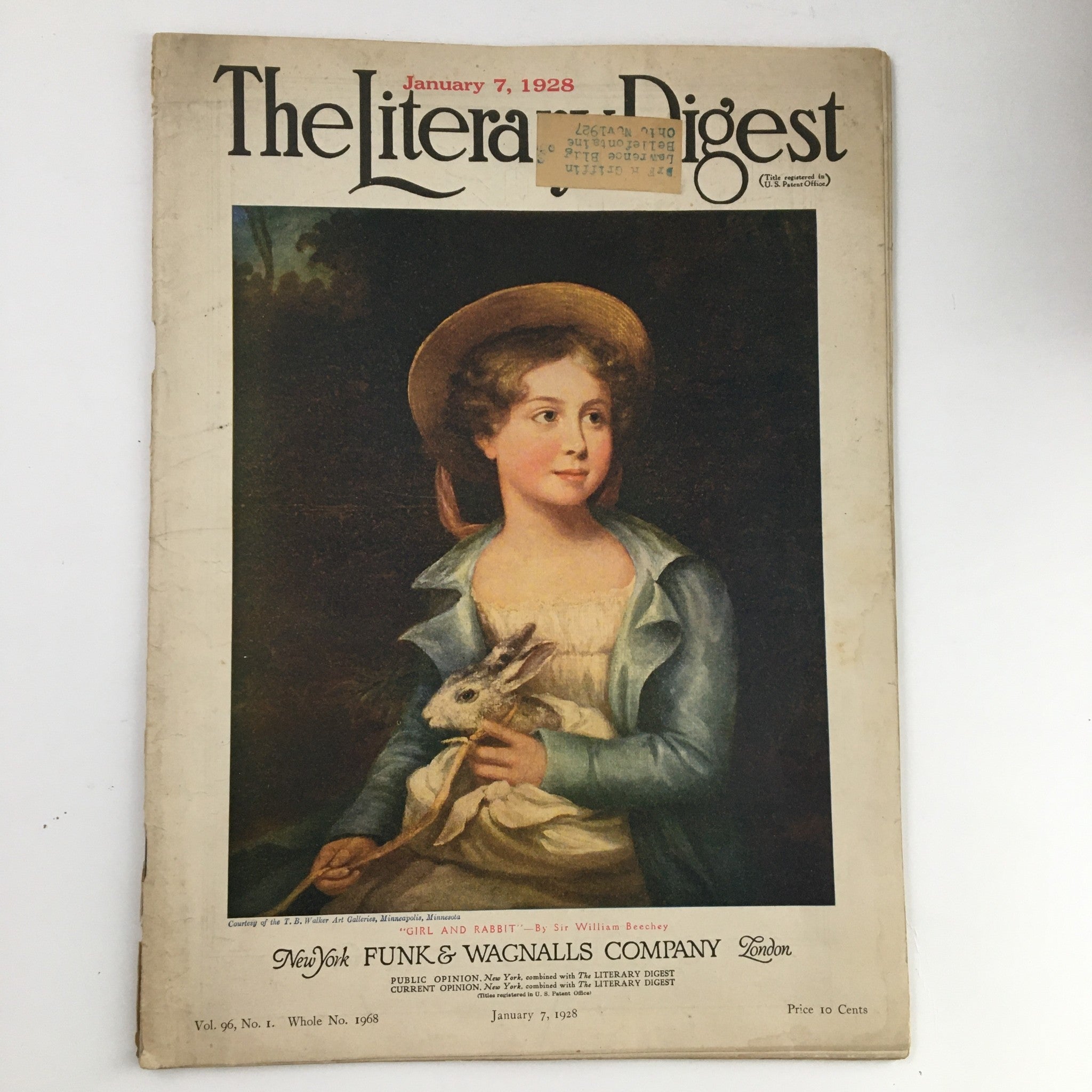 VTG The Literary Digest January 7 1928 Girl and Rabbit by Sir William Beechey