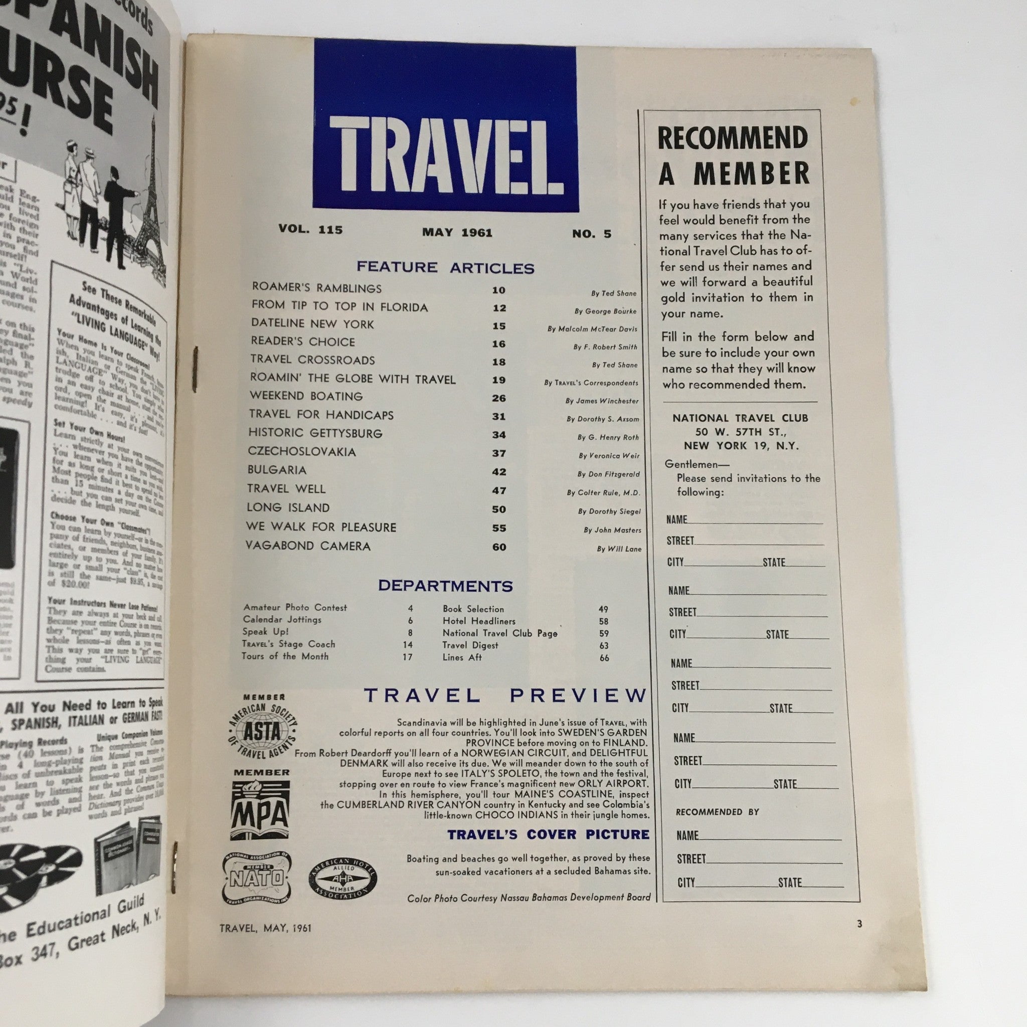 VTG Travel Magazine May 1961 Weekend Boating, Gettysburg & Travel for Handicaps