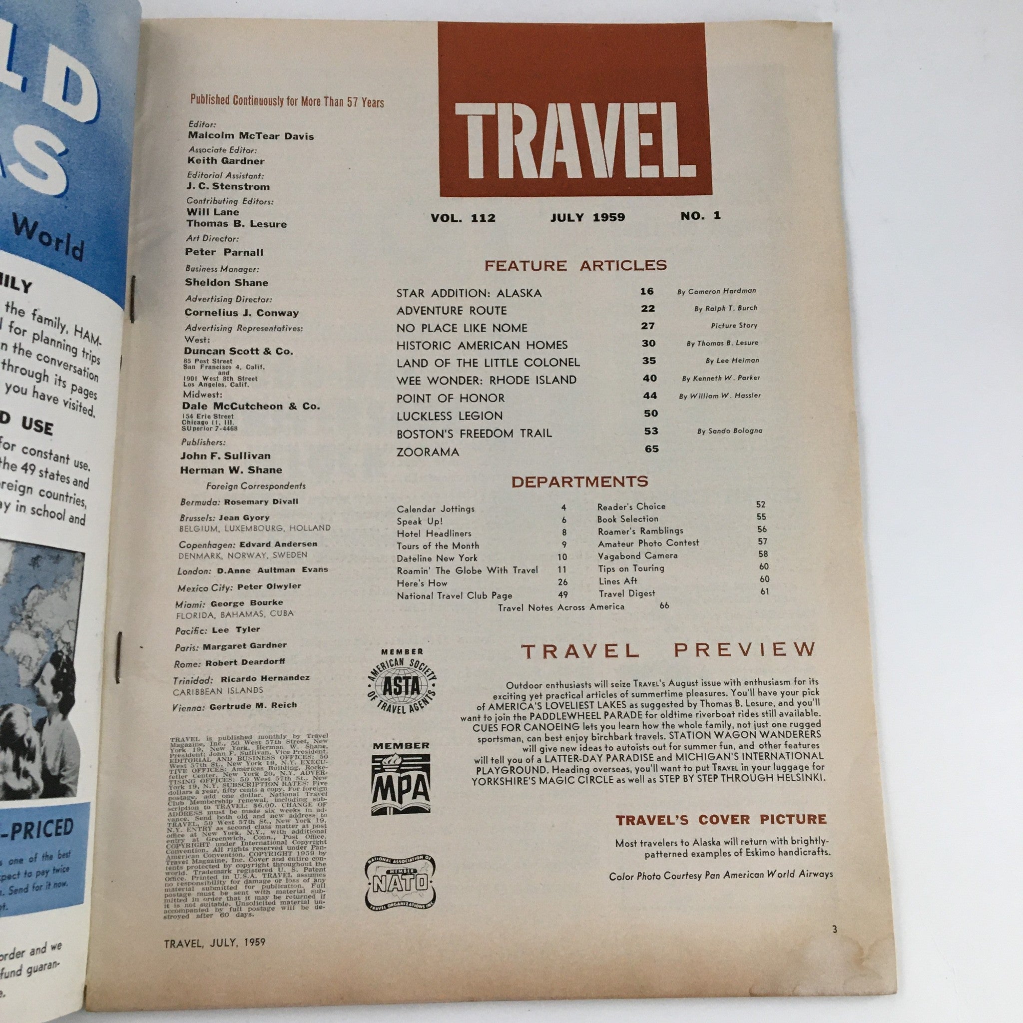 VTG Travel Magazine July 1959 Land of the Little Colonel & Star Addition Alaska