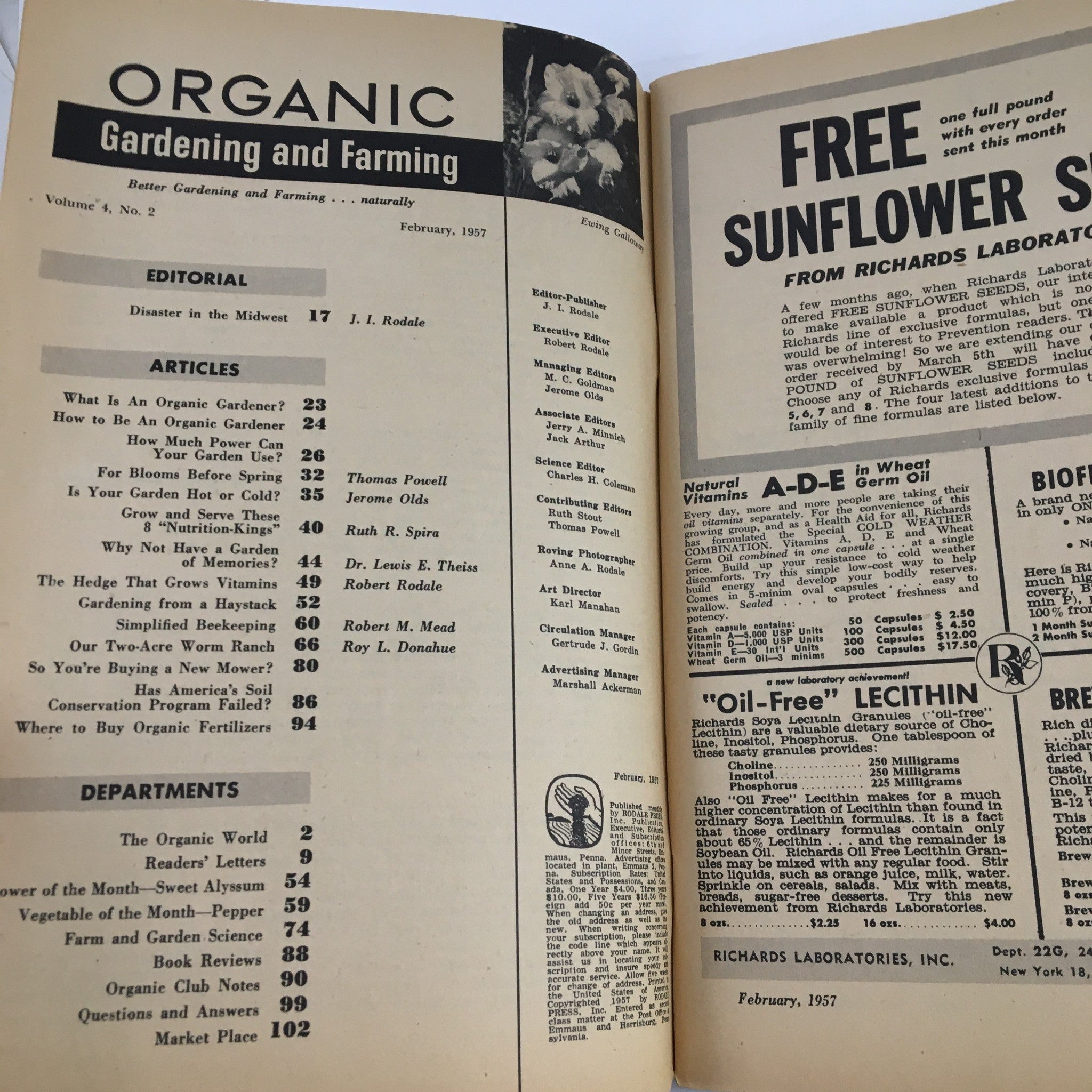 Inside page of Organic Gardening and Farming February 1957 displaying article titles, including 'The Hedge That Grows Vitamins', showcasing vintage gardening content.