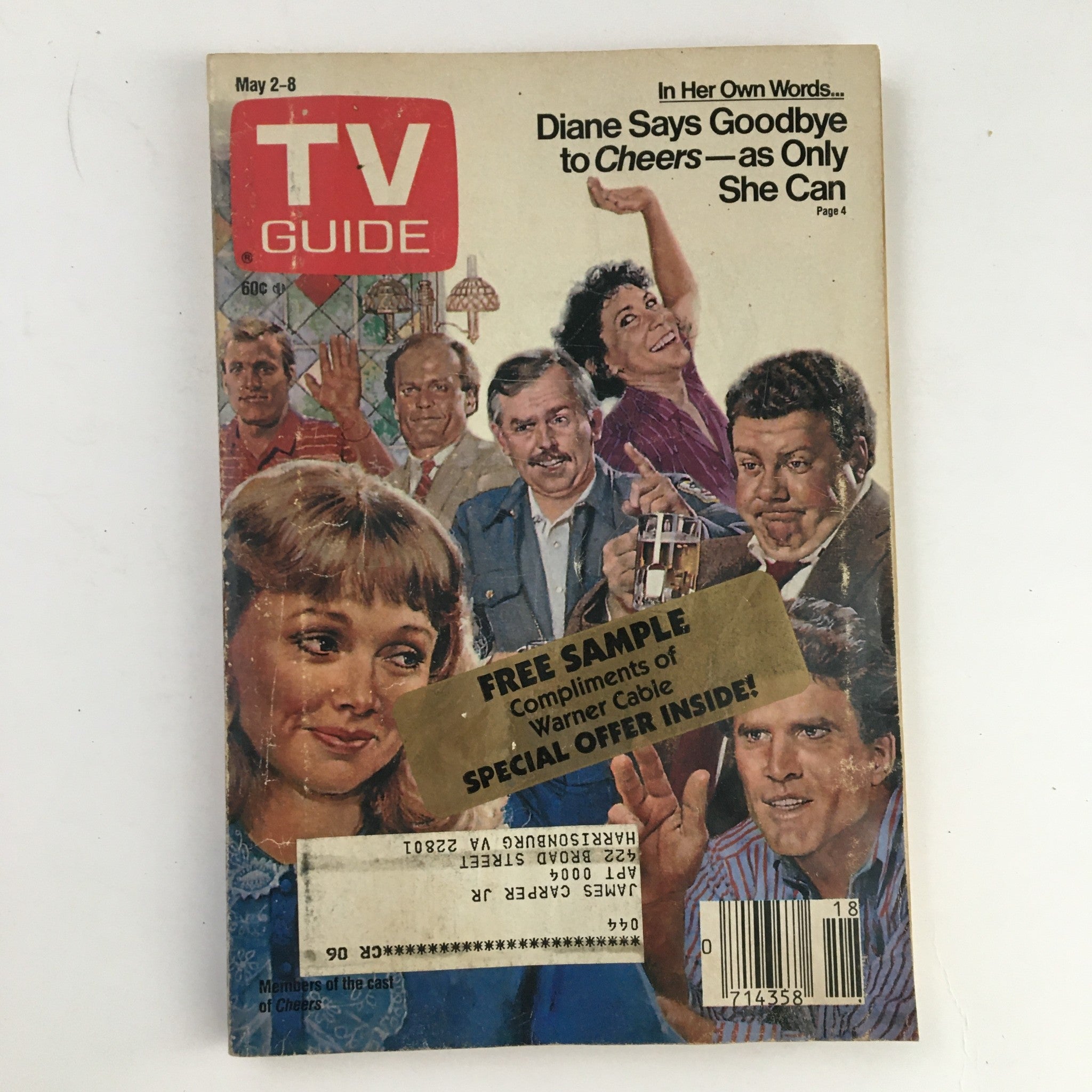 TV Guide Magazine May 2 1987 cover featuring Woody Harrelson and Kelsey Grammer, showcasing classic television characters and advertising a free sample from Warner Cable.