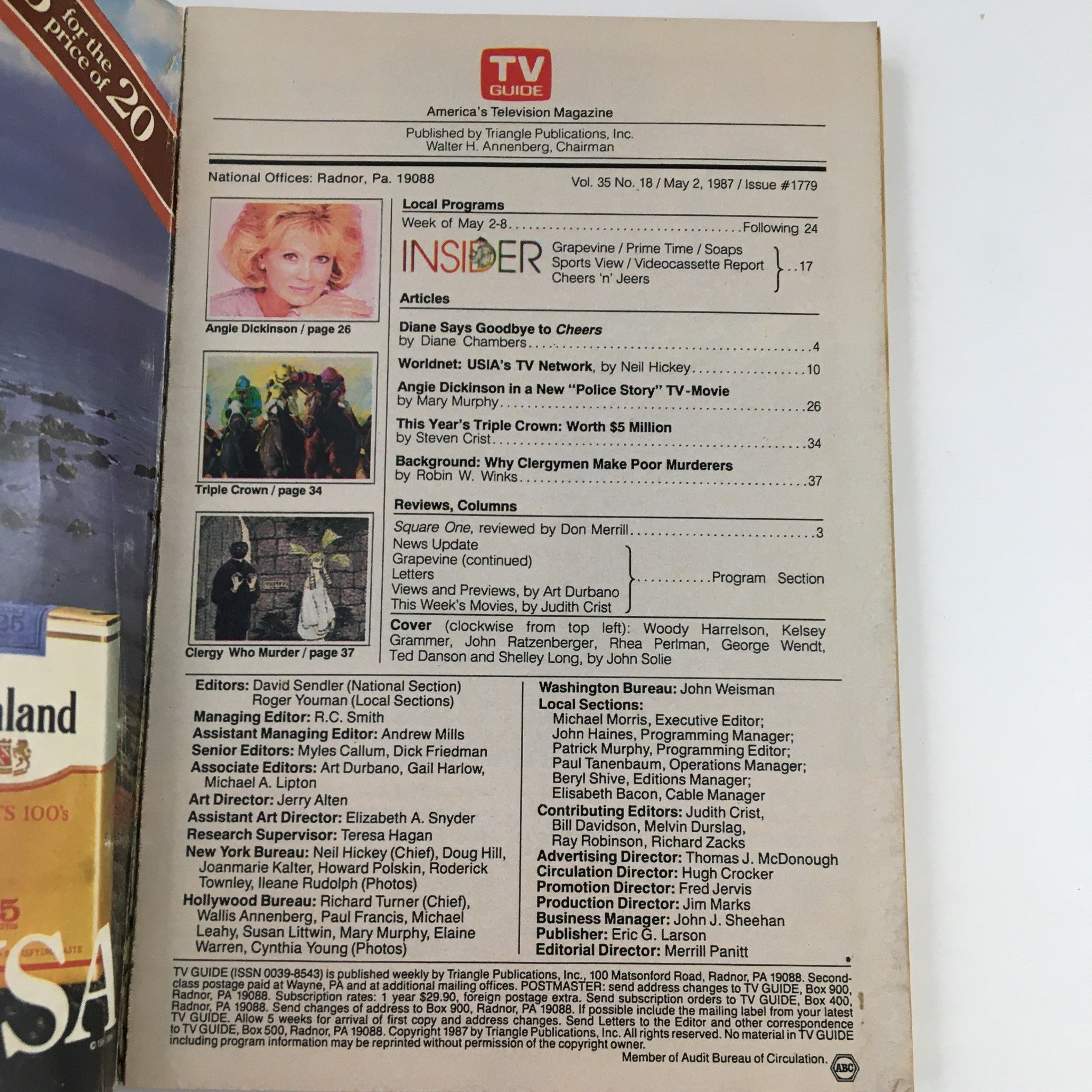 TV Guide Magazine May 2 1987 back cover listing articles and programming highlights, including Diane's farewell to Cheers.