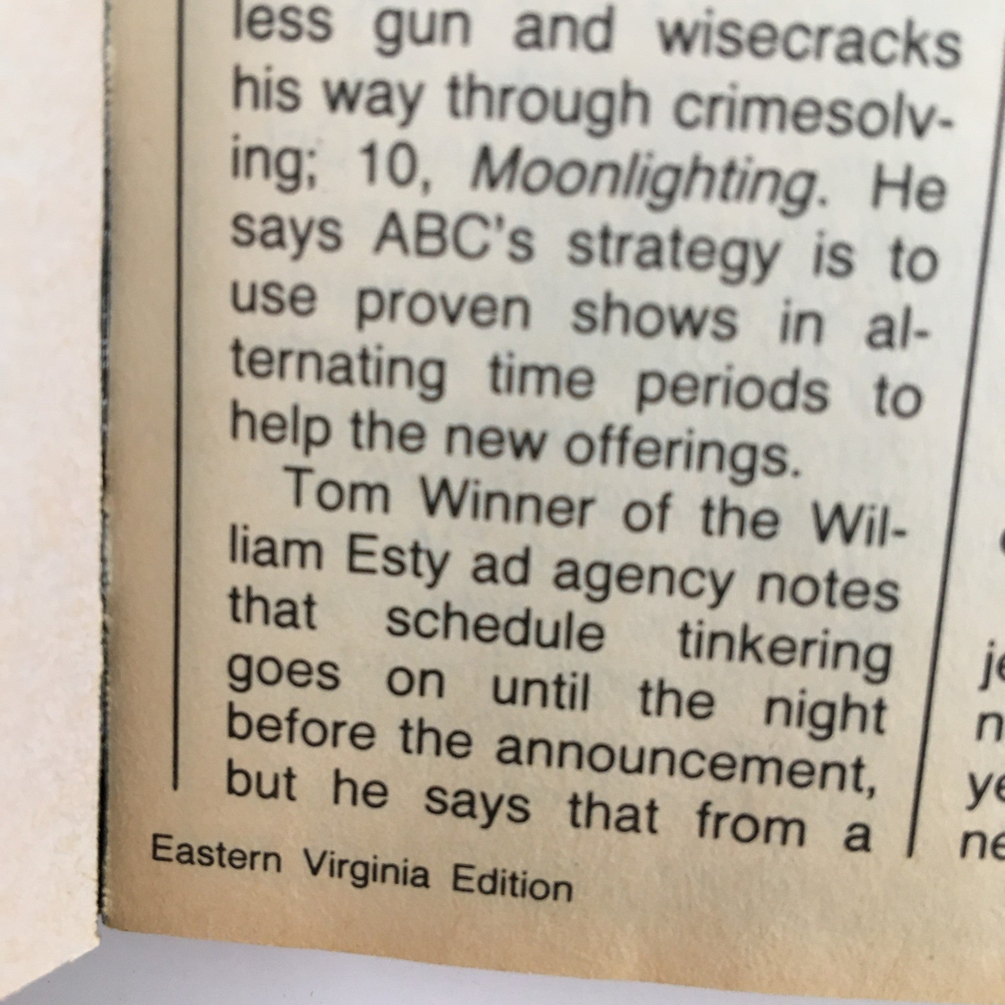 Text excerpt from TV Guide Magazine May 2, 1987 featuring content about television programming strategies, highlighting shows like Moonlighting, in the Eastern Virginia Edition.