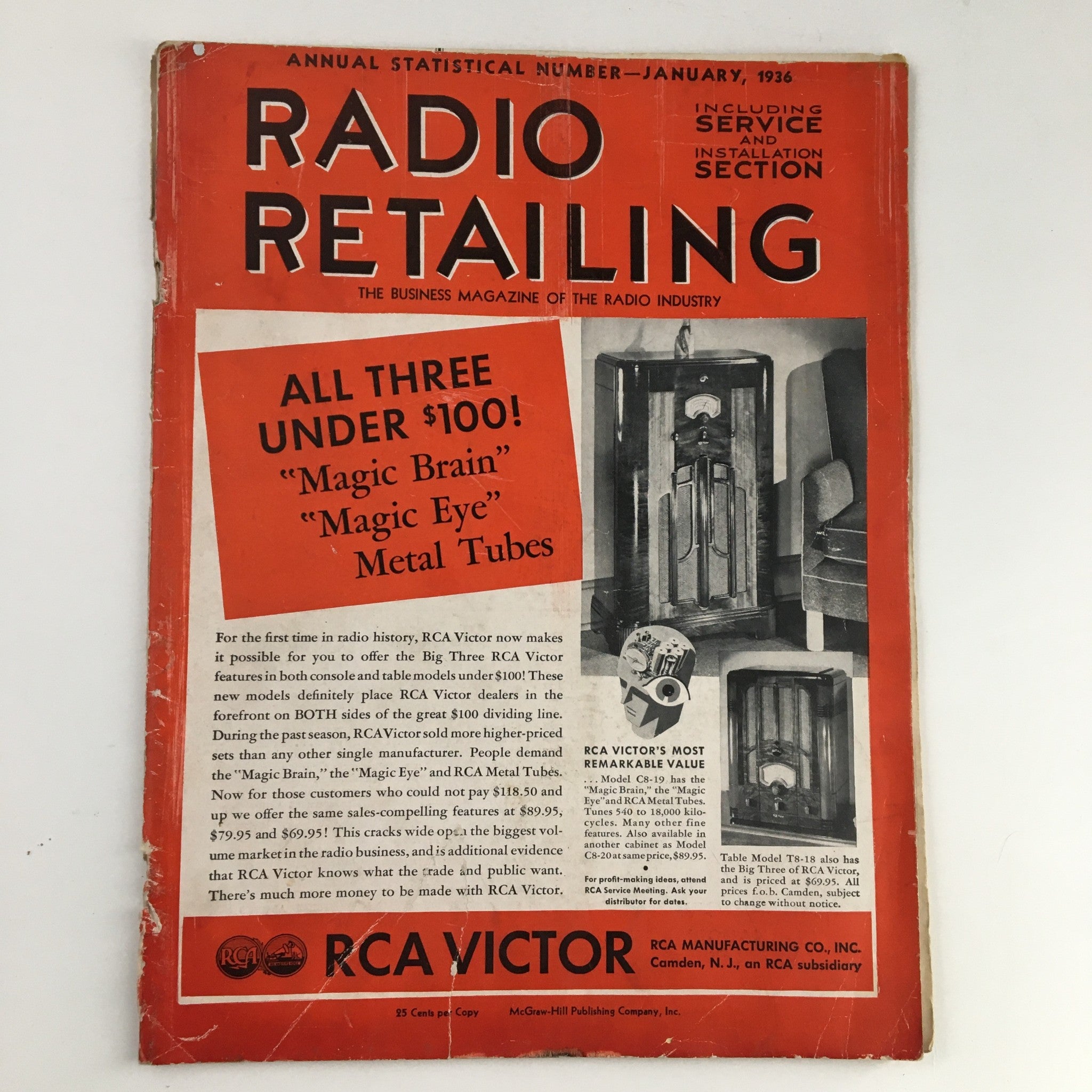 Front cover of Radio Retailing Magazine January 1936 featuring articles on Magic Brain, Magic Eye, and Metal Tubes, highlighting the innovative radio technology of the time.