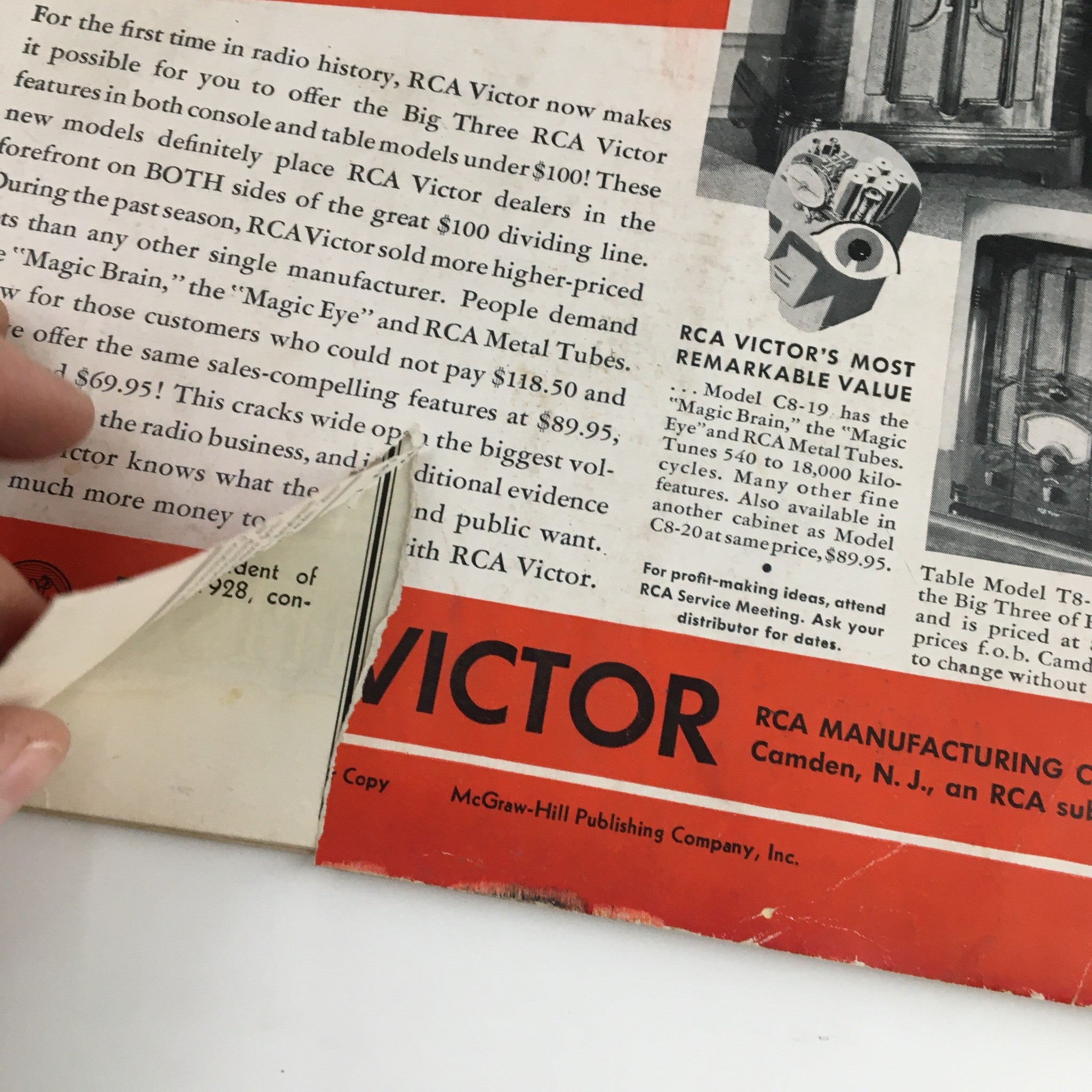 Interior detail of the Radio Retailing Magazine January 1936, showcasing RCA Victor's remarkable radio values including Magic Brain and Metal Tubes, with slight wear of the page.
