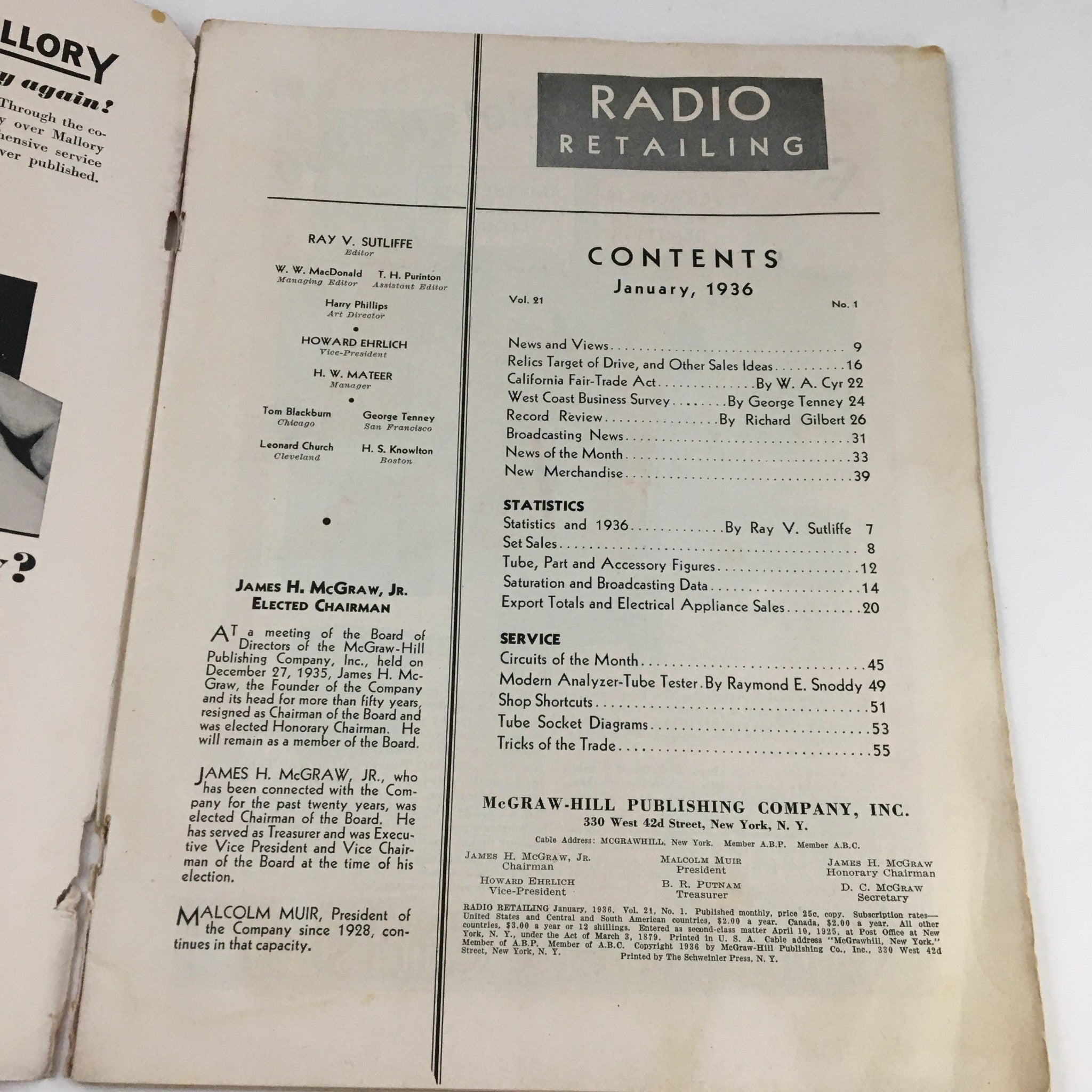 Contents page of Radio Retailing Magazine January 1936 featuring various articles on radio technologies and statistics.