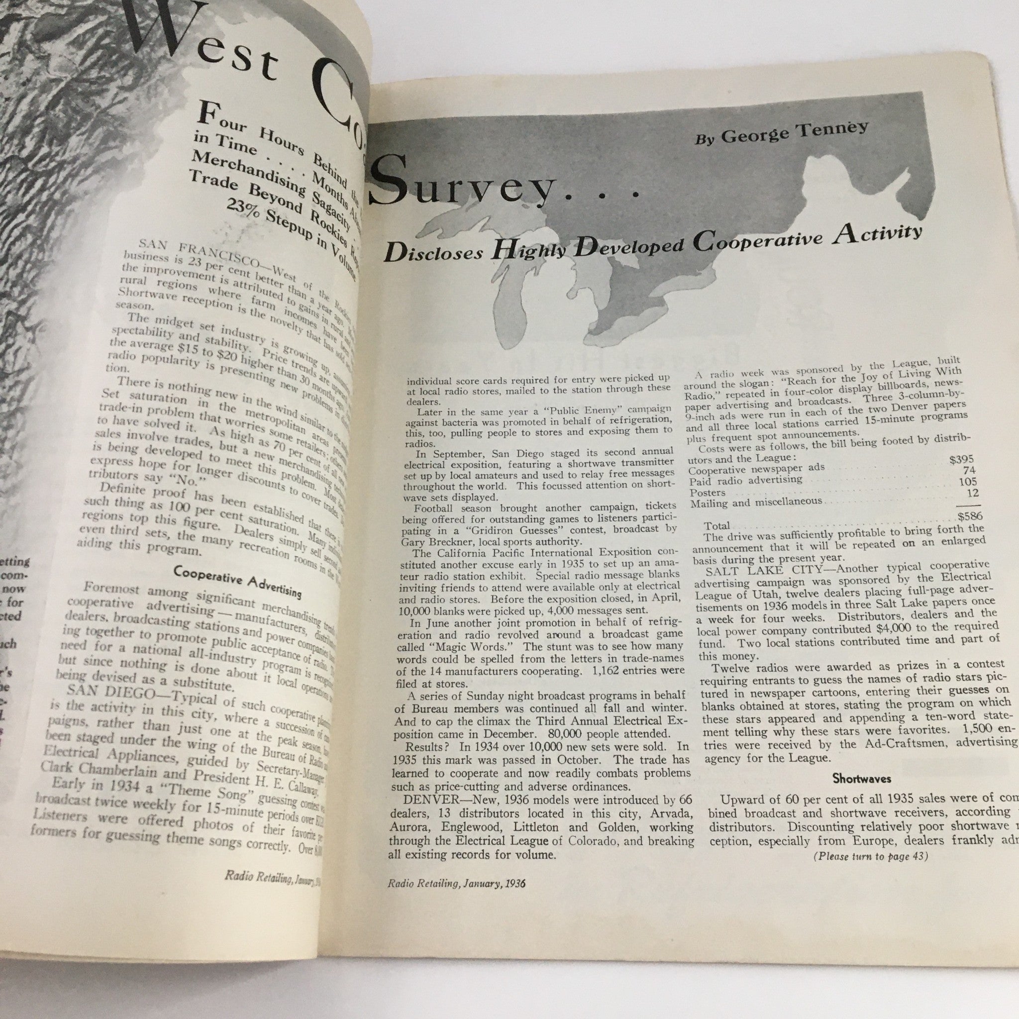 Article spread from Radio Retailing Magazine January 1936 describing a West Coast survey on cooperative advertising in the radio industry.