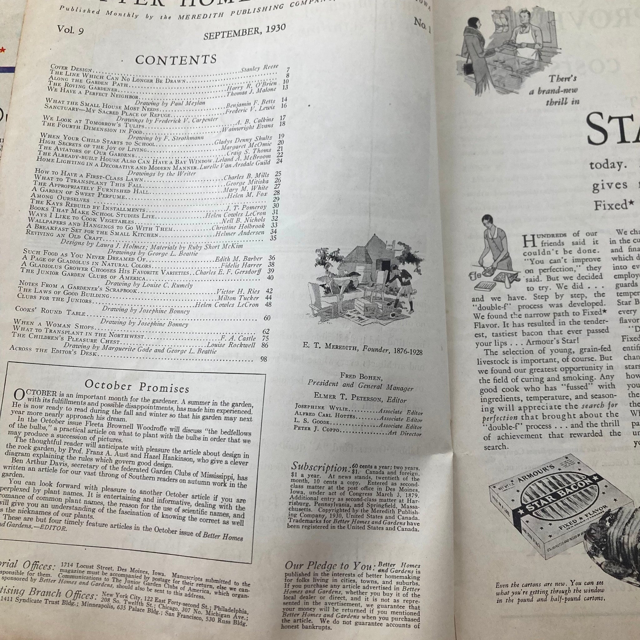 Contents page of Better Homes & Gardens Magazine September 1930, detailing articles on home, garden designs, and lifestyle tips, highlighting the magazine's diverse content.