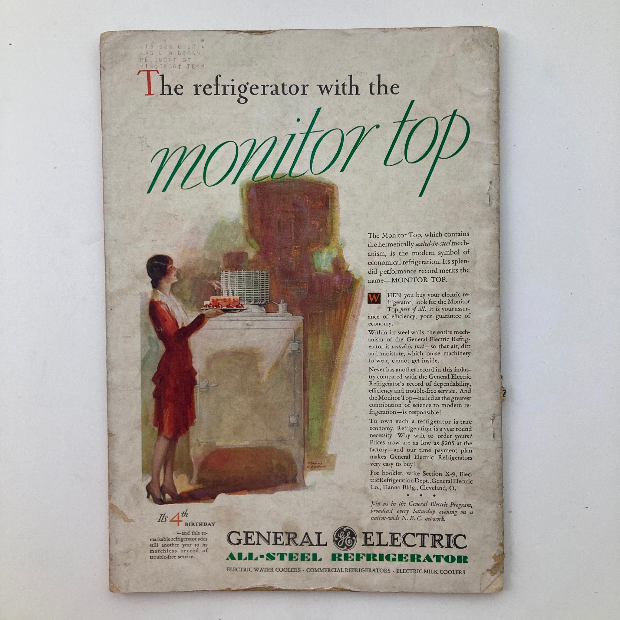 Back cover of Better Homes & Gardens Magazine September 1930 featuring an advertisement for the General Electric Monitor Top refrigerator, emphasizing innovation in home appliances.