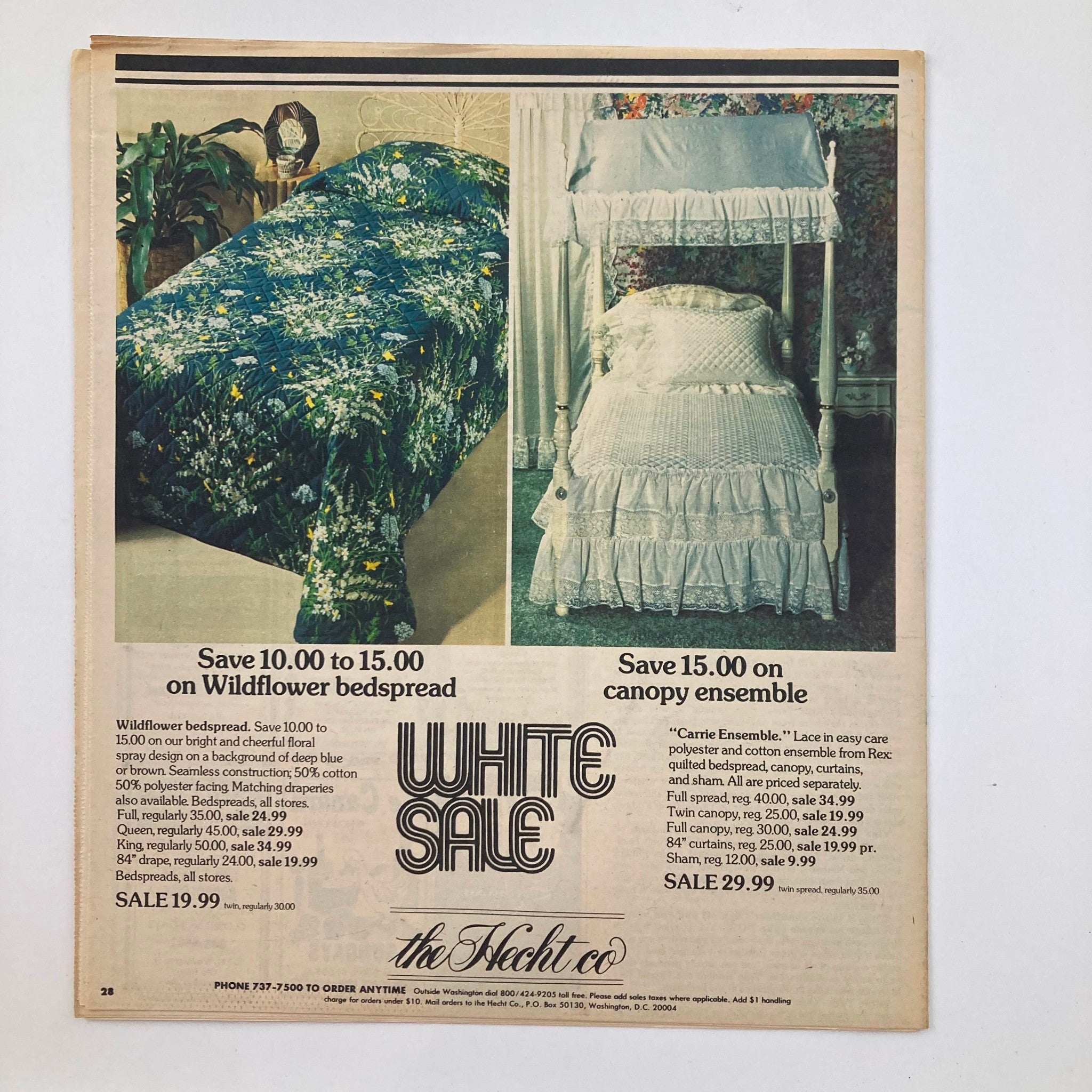 Advertisement page from VTG Washington Post Potomac Magazine, January 23, 1977. Features a promotional offer for bedspreads and canopy ensembles, showcasing vibrant floral designs.