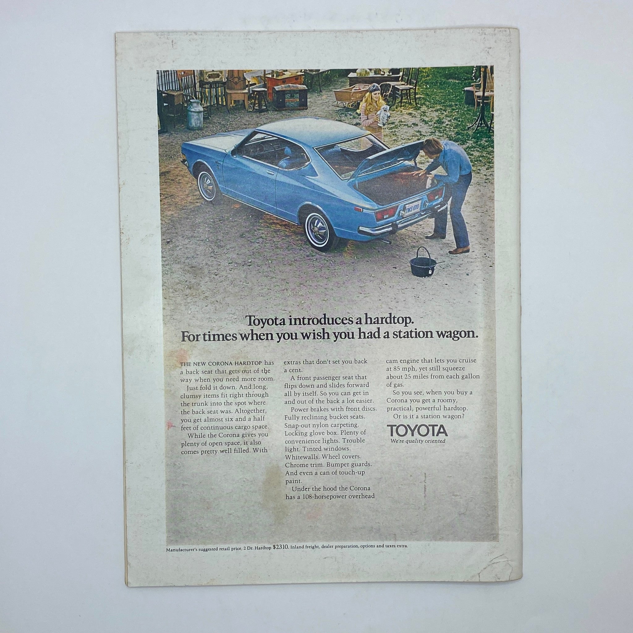 Back cover advertisement of The New Yorker Complete Magazine August 7, 1971 promoting the Toyota Corona Hardtop, highlighting its features and practicality.