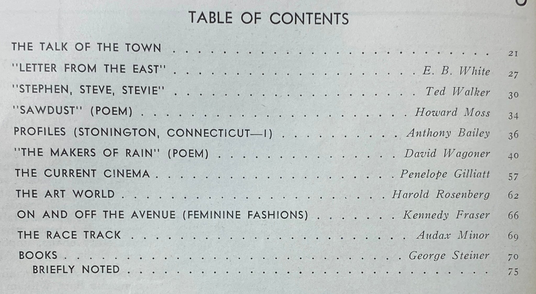 Table of contents page from The New Yorker Complete Magazine July 24, 1971 listing featured articles and authors including E. B. White and Ted Walker.