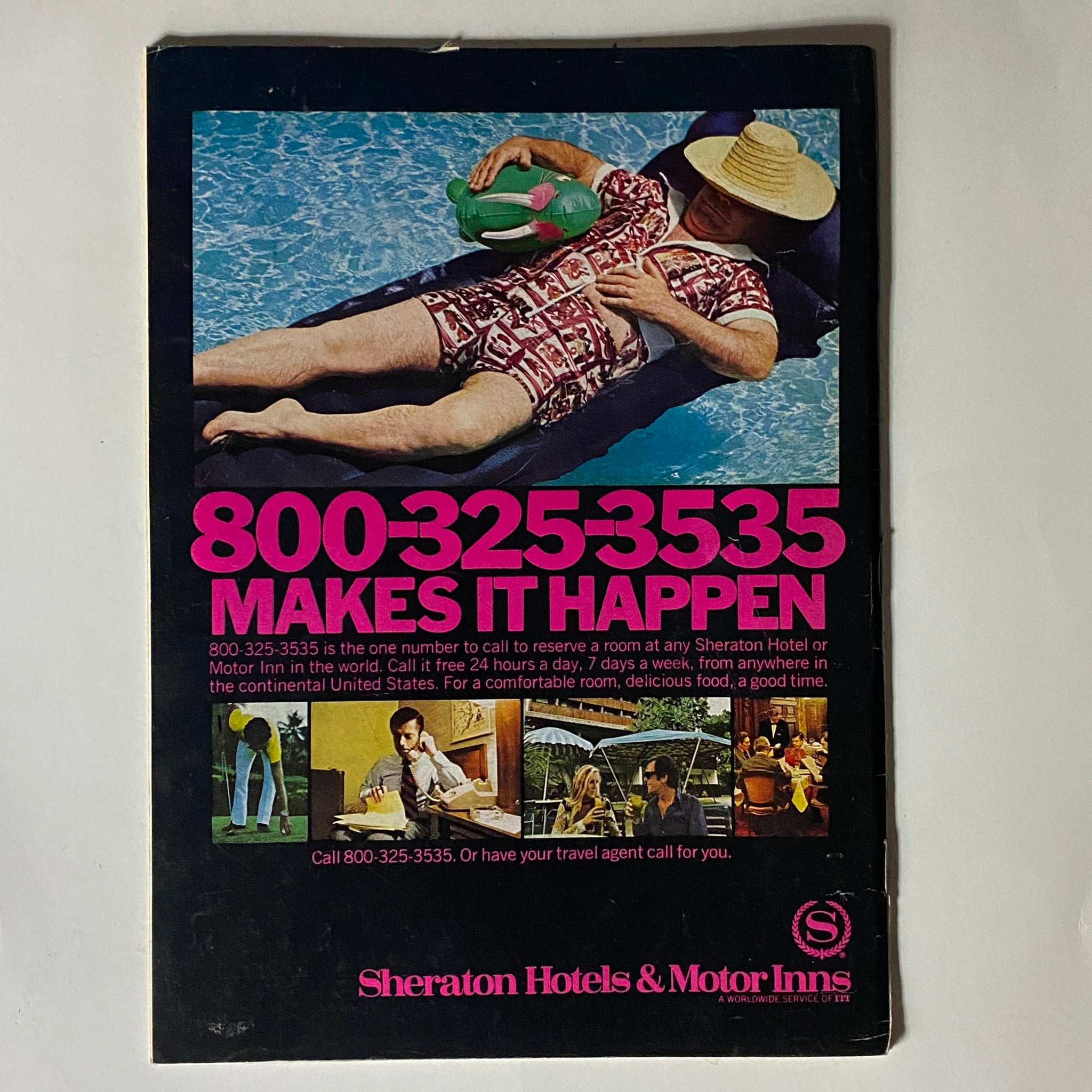 Back cover of The New Yorker Complete Magazine July 24, 1971 showcasing an advertisement for Sheraton Hotels with a man relaxing in a pool.