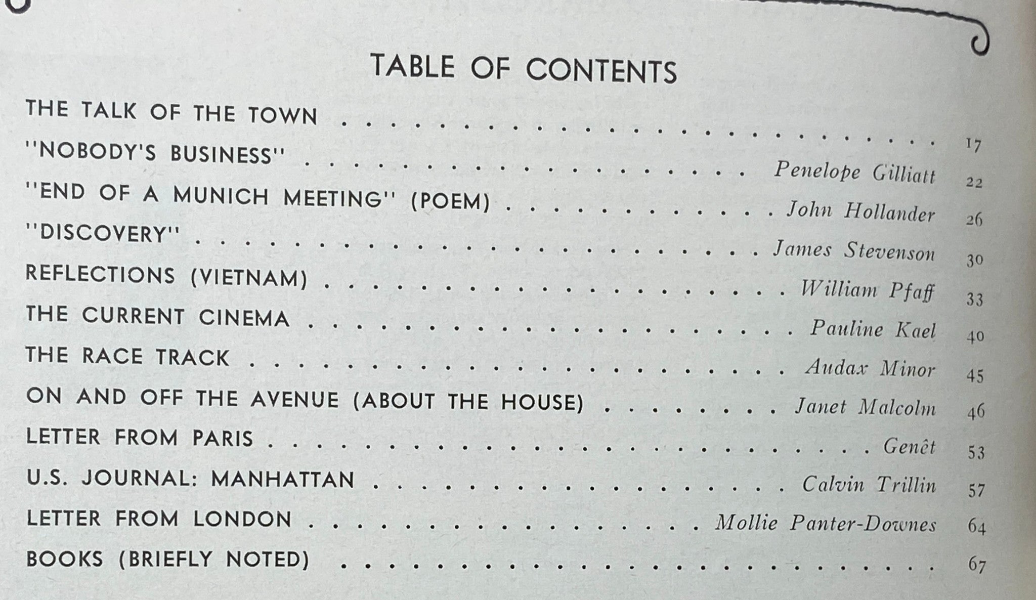 Table of contents from The New Yorker Complete Magazine July 3, 1971, listing articles and authors including Penelope Gilliatt and John Hollander.