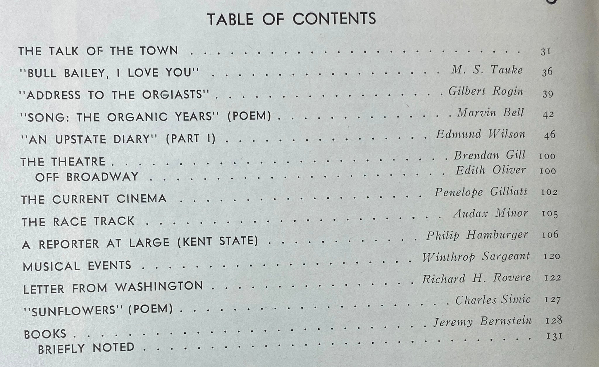 Table of Contents from The New Yorker Complete Magazine June 5, 1971, listing articles including 'The Talk of the Town', poems, and contributions by various authors.
