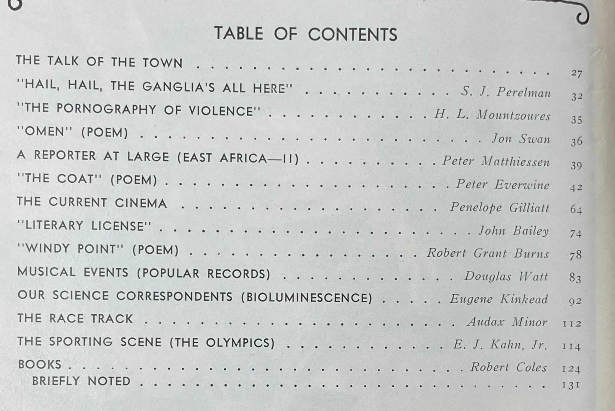 Table of contents from The New Yorker Complete Magazine September 23, 1972 listing notable articles like 'Hail, Hail, The Ganglia's All Here' and 'The Pornography of Violence'.
