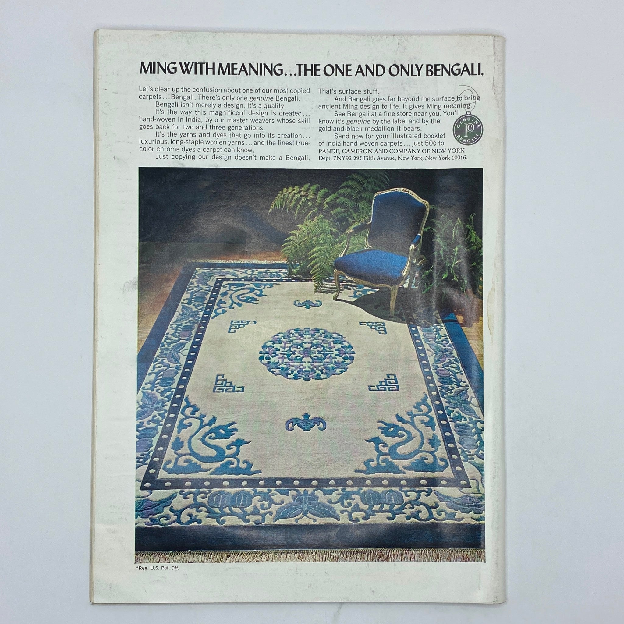 Back cover of The New Yorker Complete Magazine September 23, 1972 showcasing an advertisement for Bengal carpets with a detailed image of a carpet and a blue chair.