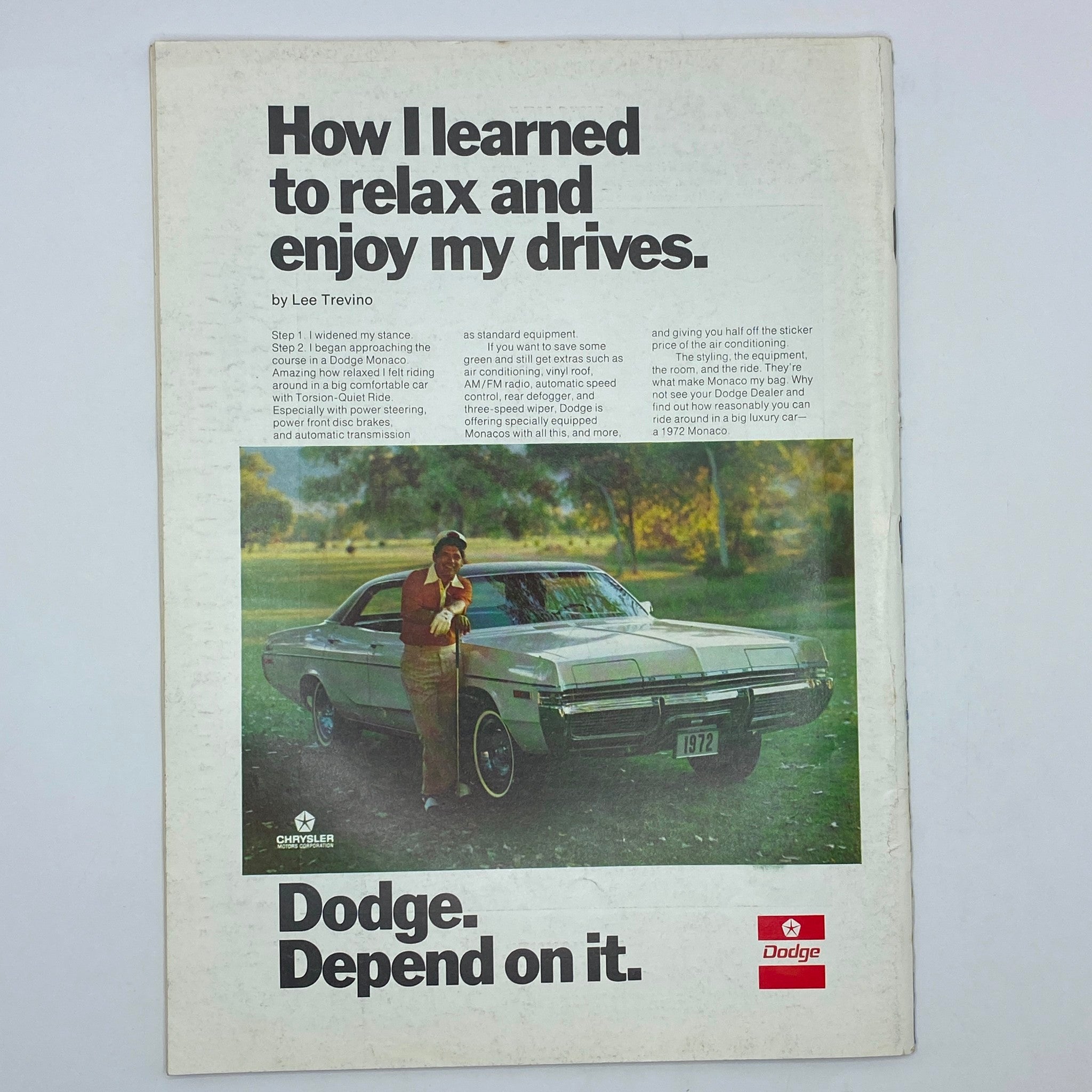Back cover advertisement from The New Yorker Complete Magazine January 8, 1972, featuring a 1972 Dodge Monaco and a man, promoting the comfort and features of the vehicle.