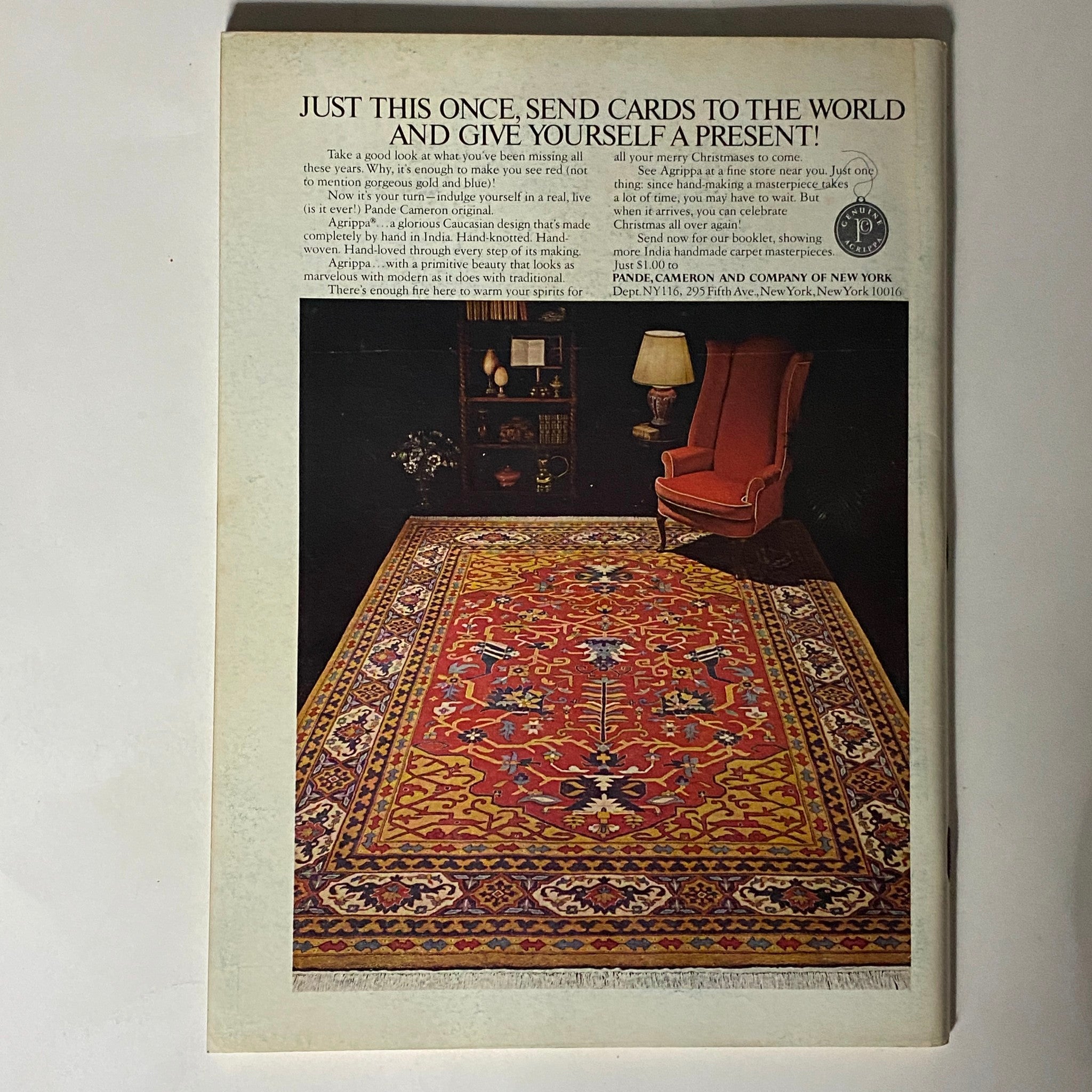 The back cover of The New Yorker Complete Magazine from November 29, 1976, displaying an advertisement for elegant greeting cards alongside a cozy living room scene.