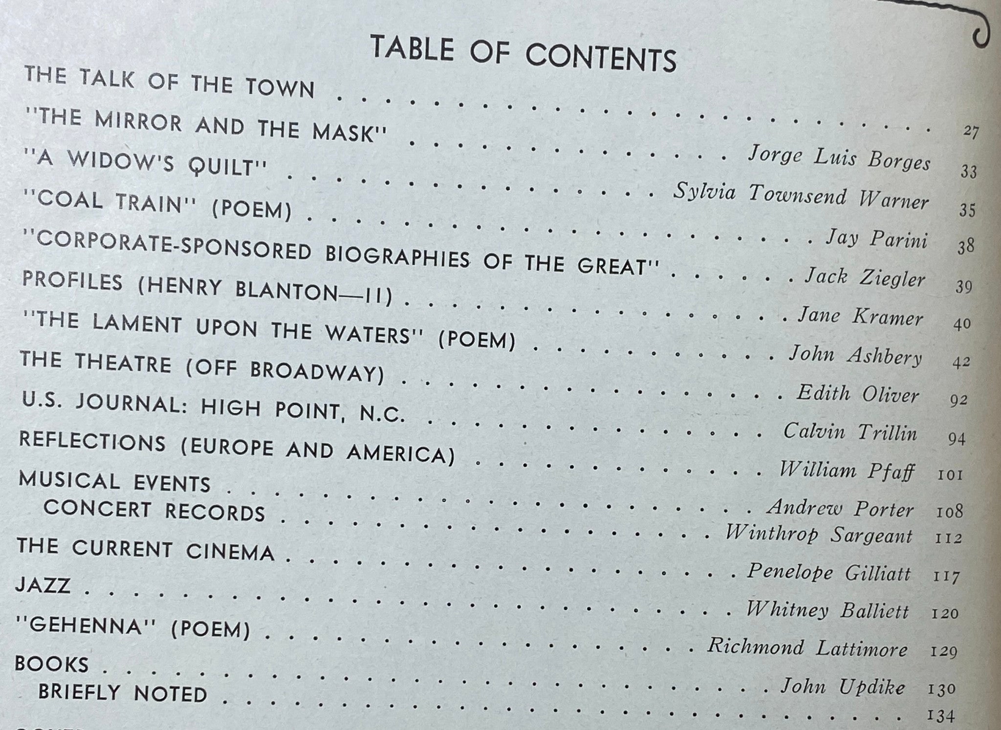 Table of contents page from The New Yorker Complete Magazine June 6, 1977, highlighting articles by notable writers such as Jorge Luis Borges and Sylvia Townsend Warner.