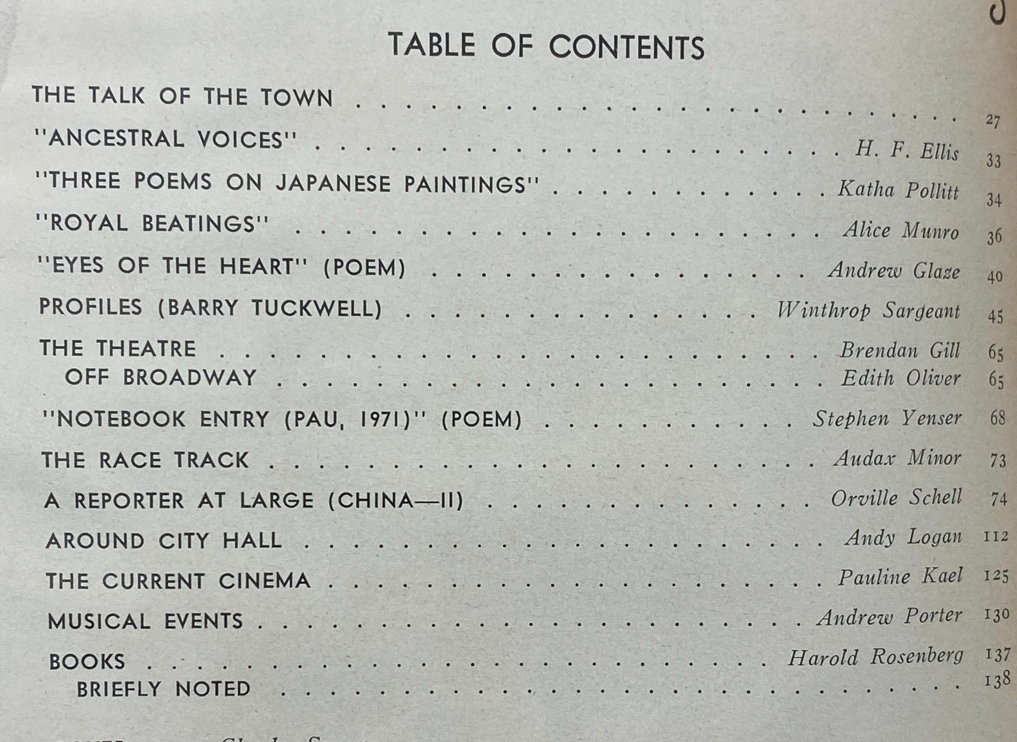 Table of contents from The New Yorker Complete Magazine March 14, 1977, outlining featured articles and poems within the issue.