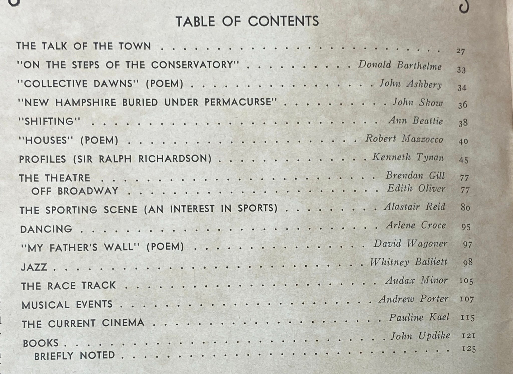 Table of contents for The New Yorker Complete Magazine February 21, 1977, listing notable articles and poems by celebrated writers.