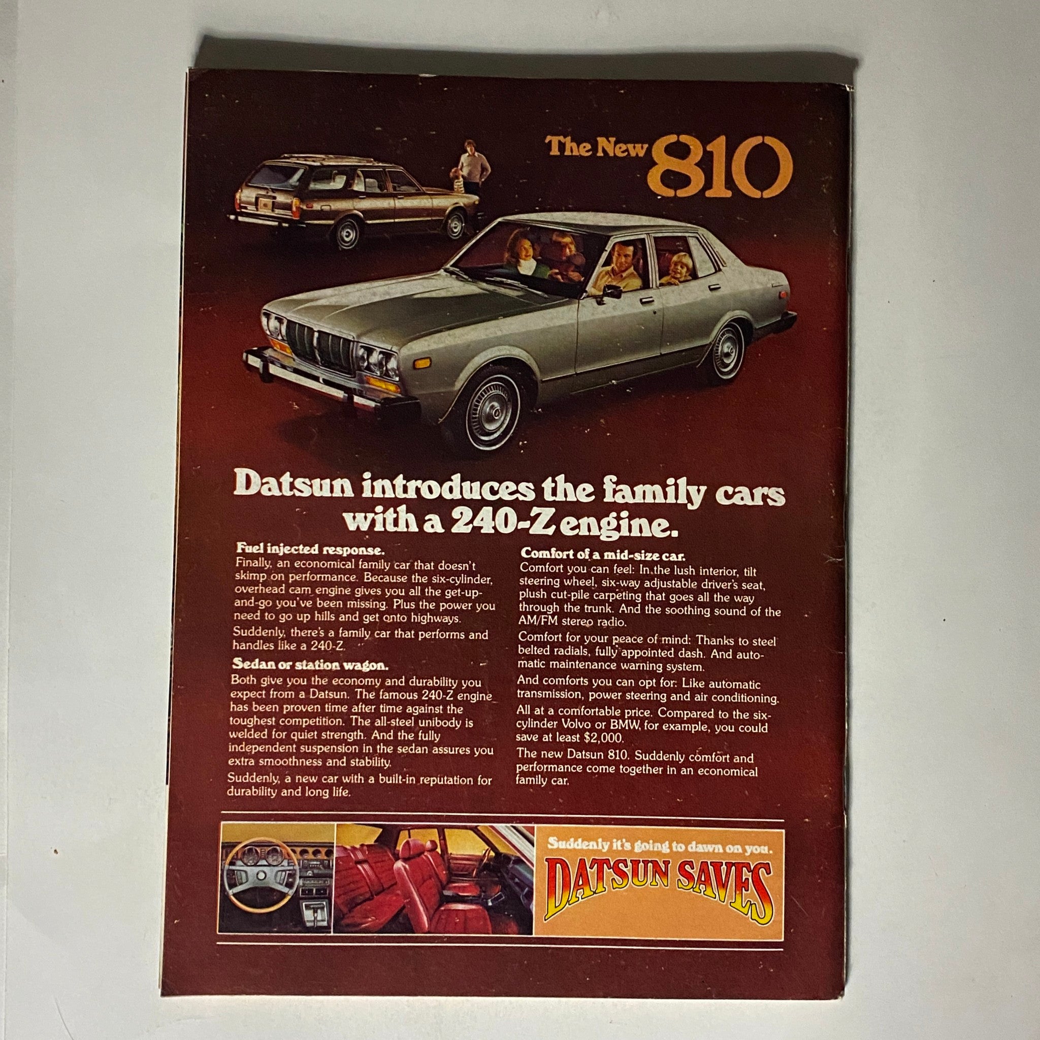 Back cover advertisement of the Datsun 810 featured in The New Yorker Complete Magazine February 21, 1977, highlighting its family-friendly features.