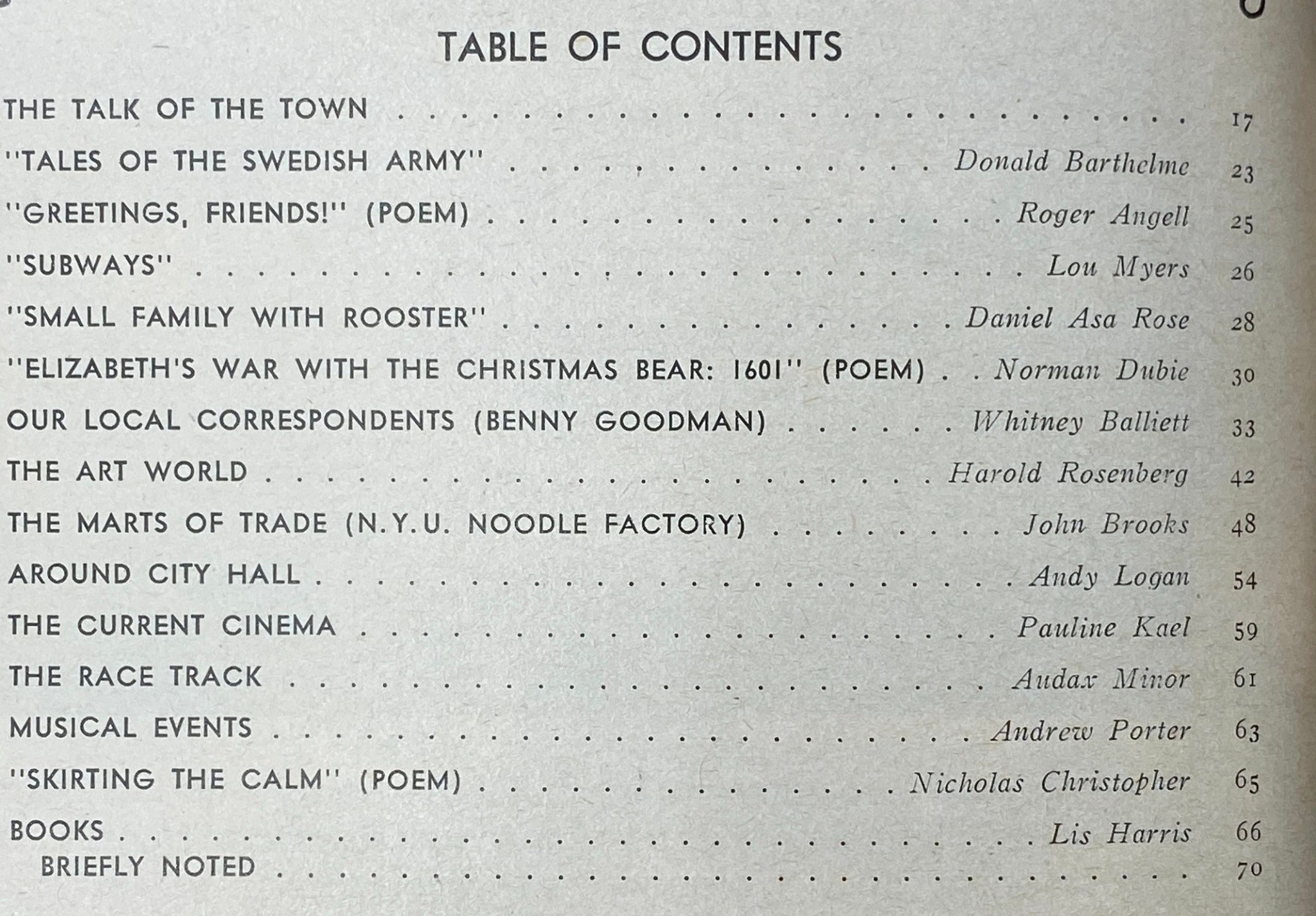 Table of contents from The New Yorker magazine, December 26, 1977, highlighting featured articles and poems including 'Tales of the Swedish Army' and contributions from notable writers.