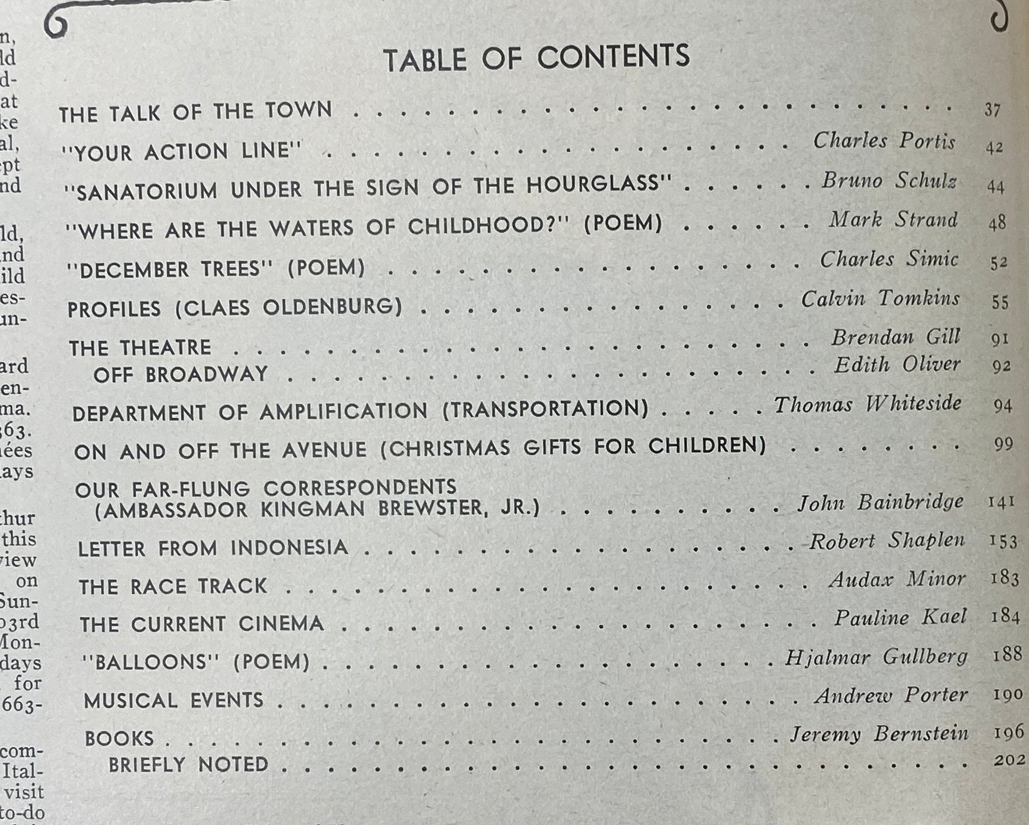Table of contents for The New Yorker Complete Magazine December 12, 1977, listing notable articles and poetry contributions, highlighting the rich literary and cultural discourse of the time.