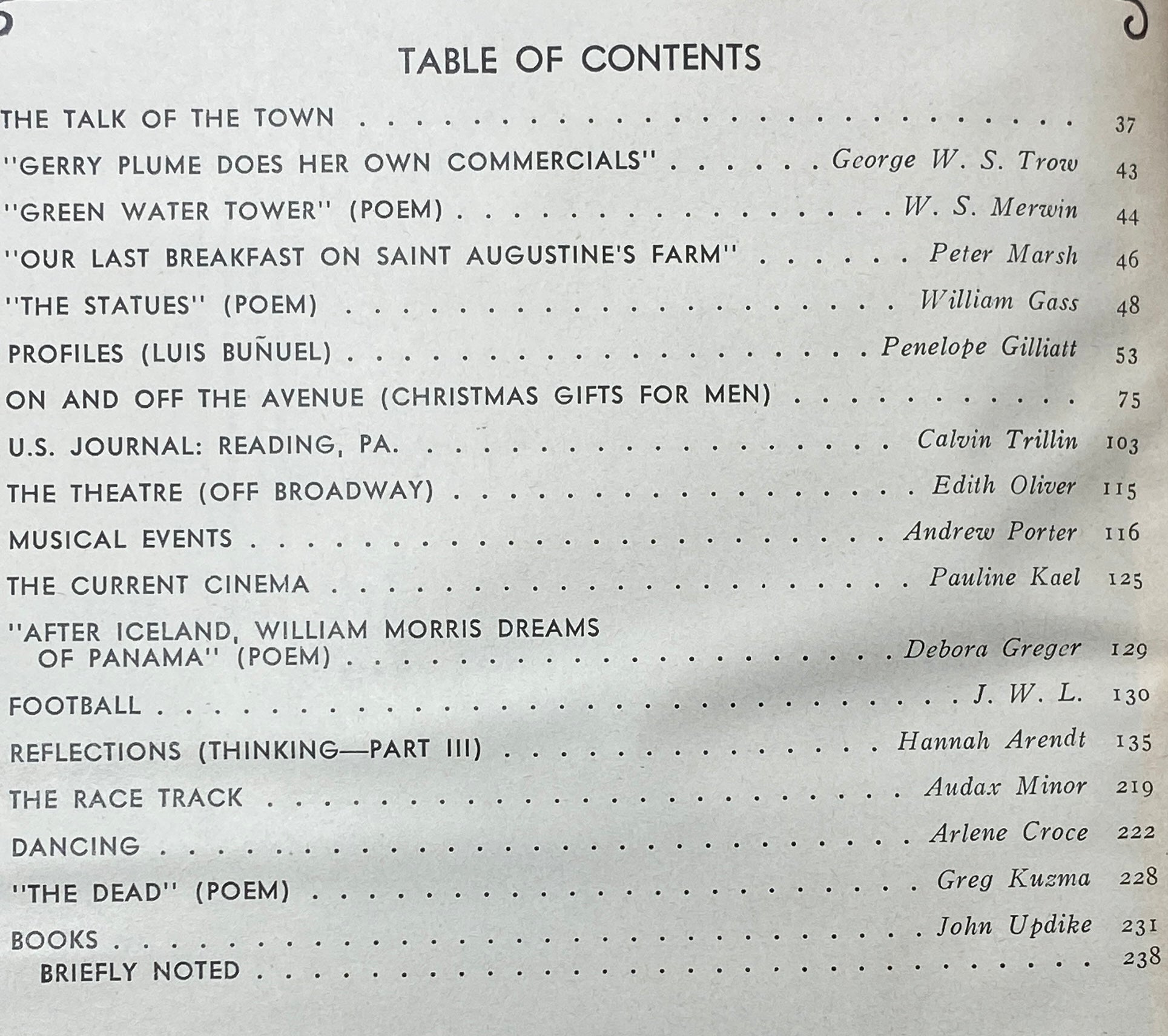 Table of contents page from The New Yorker magazine, December 5, 1977. It lists various articles and contributors, including George W. S. Trow and Penelope Gilliatt, reflecting the magazine's diverse literary offerings.