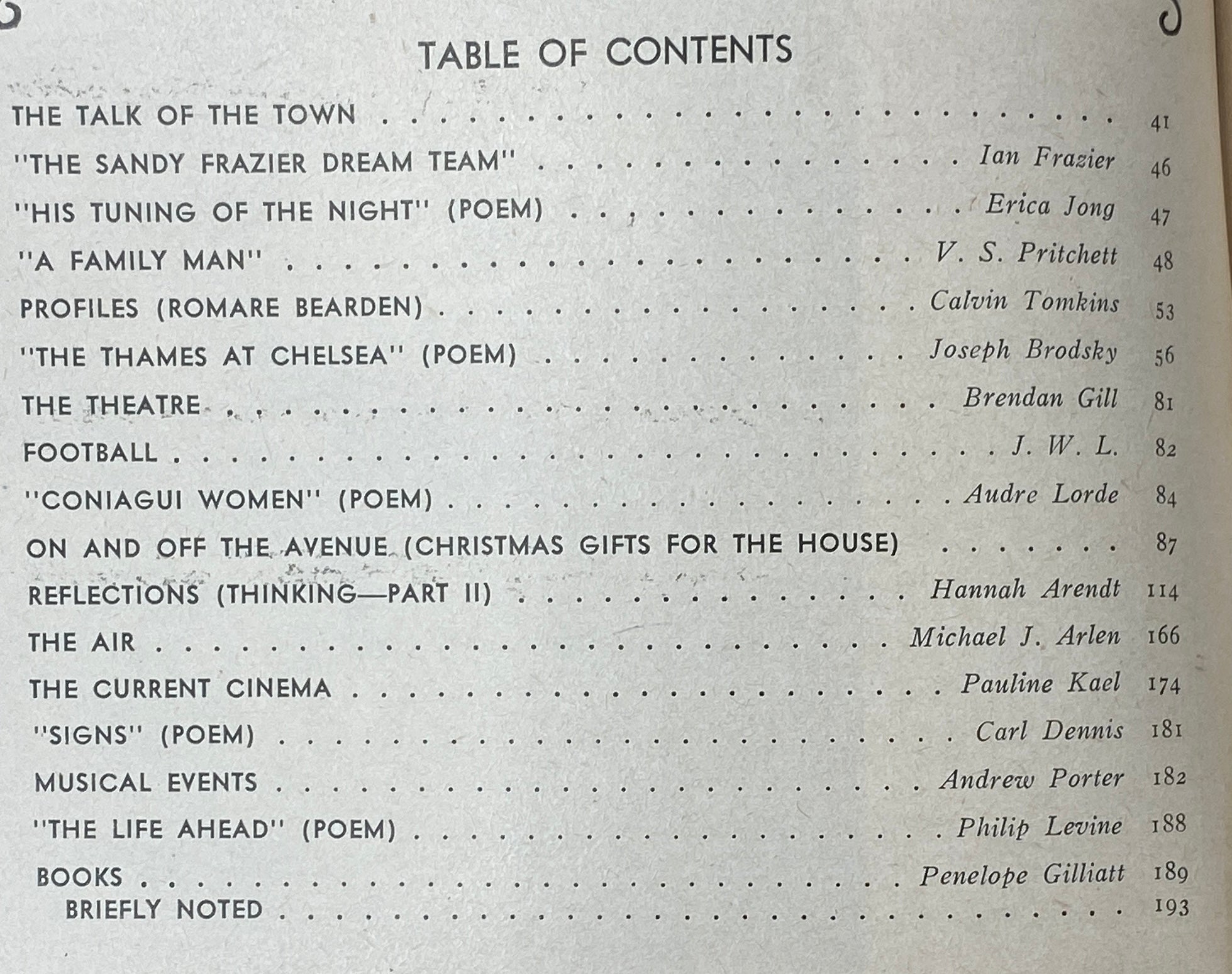 Table of contents from The New Yorker magazine, November 28, 1977, listing articles and poems, including contributions from Ian Frazier, Erica Jong, and Audre Lorde.