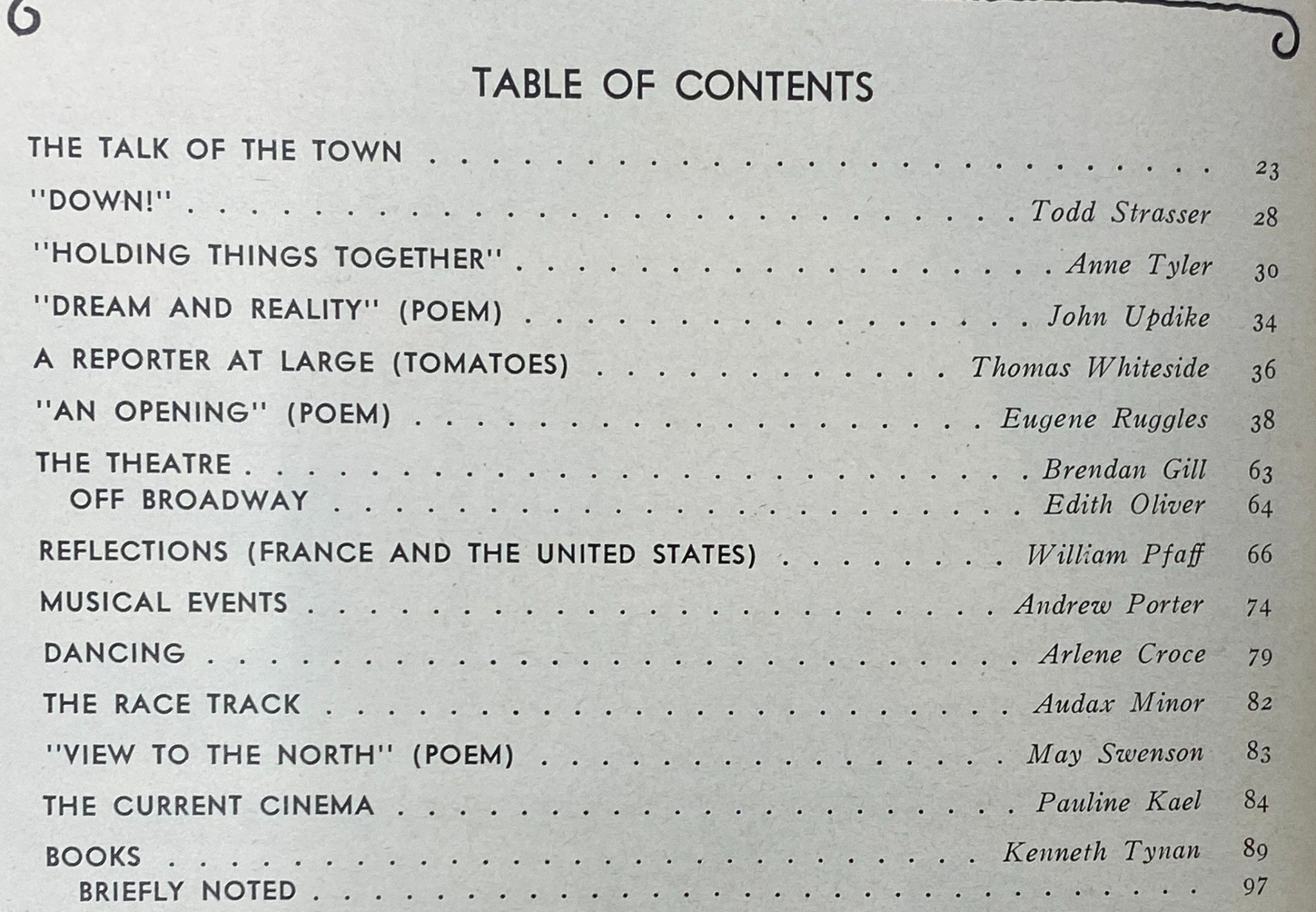Table of contents from The New Yorker Complete Magazine January 24, 1977, listing featured articles and authors including Todd Strasser, Anne Tyler, and John Updike.