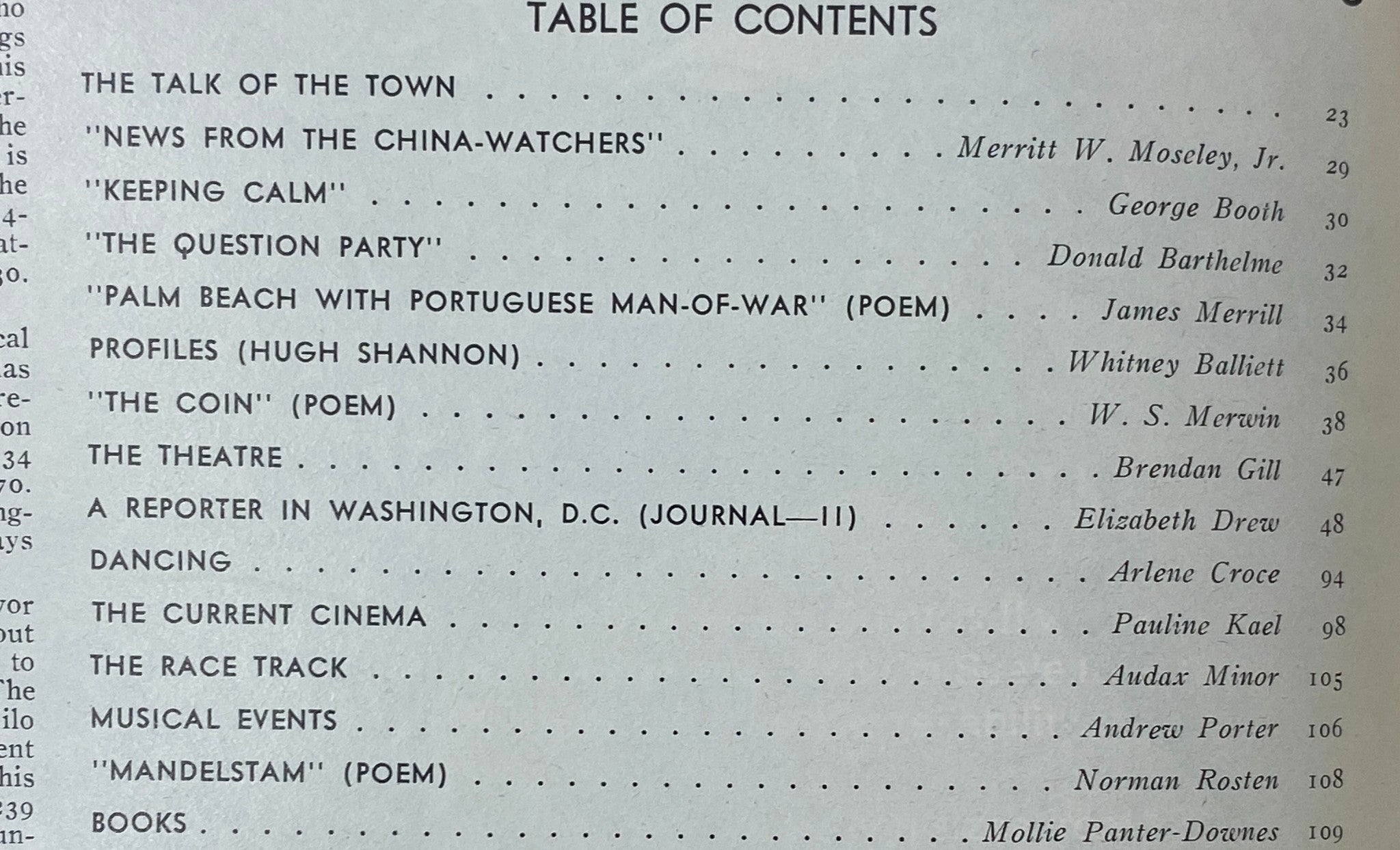 Table of Contents page from The New Yorker Complete Magazine January 17, 1977, featuring article titles including 'The Talk of the Town' and poems by James Merrill and W. S. Merwin.