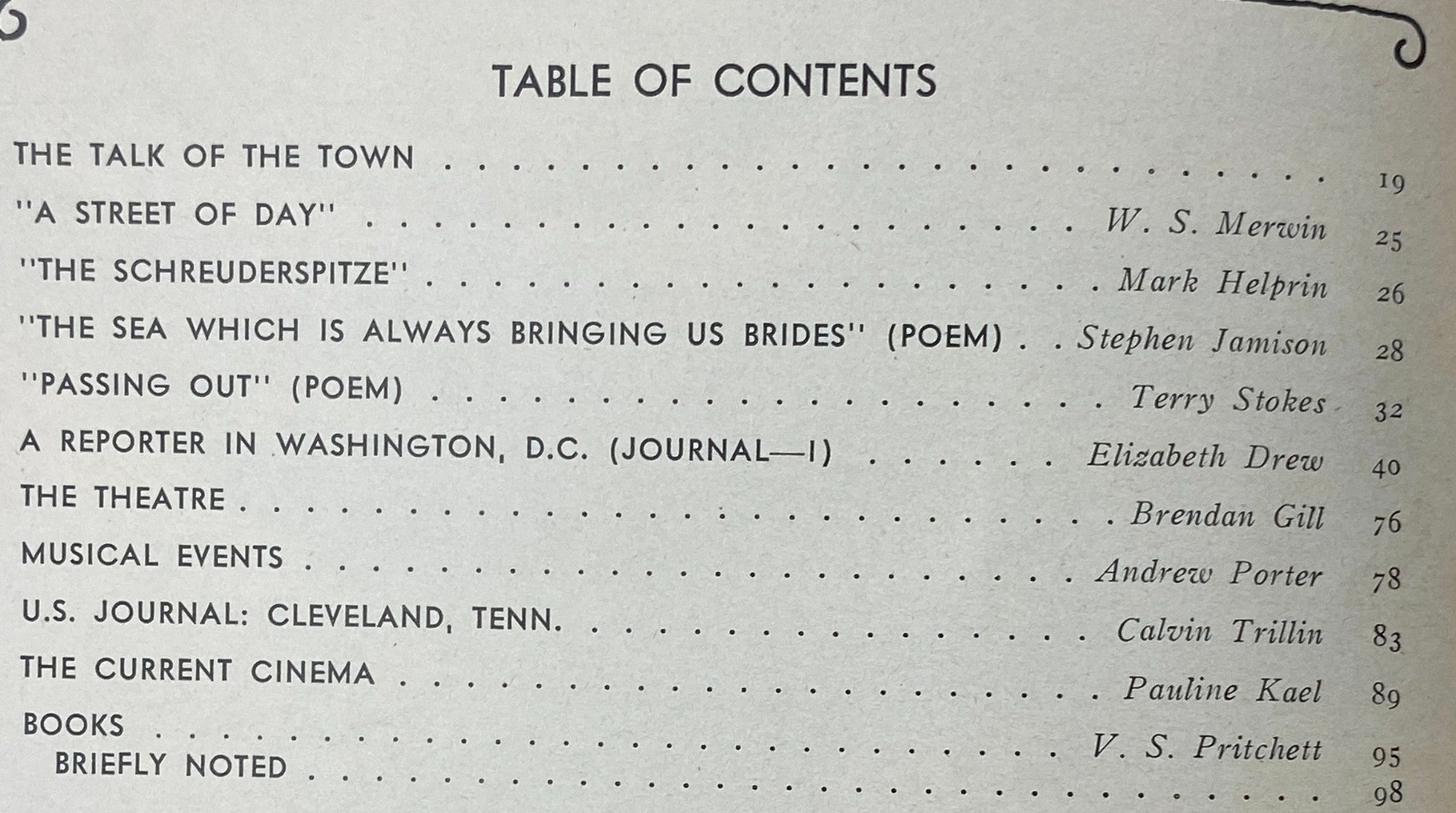 Table of contents from The New Yorker magazine January 10, 1977, listing articles and poems including works by W.S. Merwin, Mark Helprin, and others.