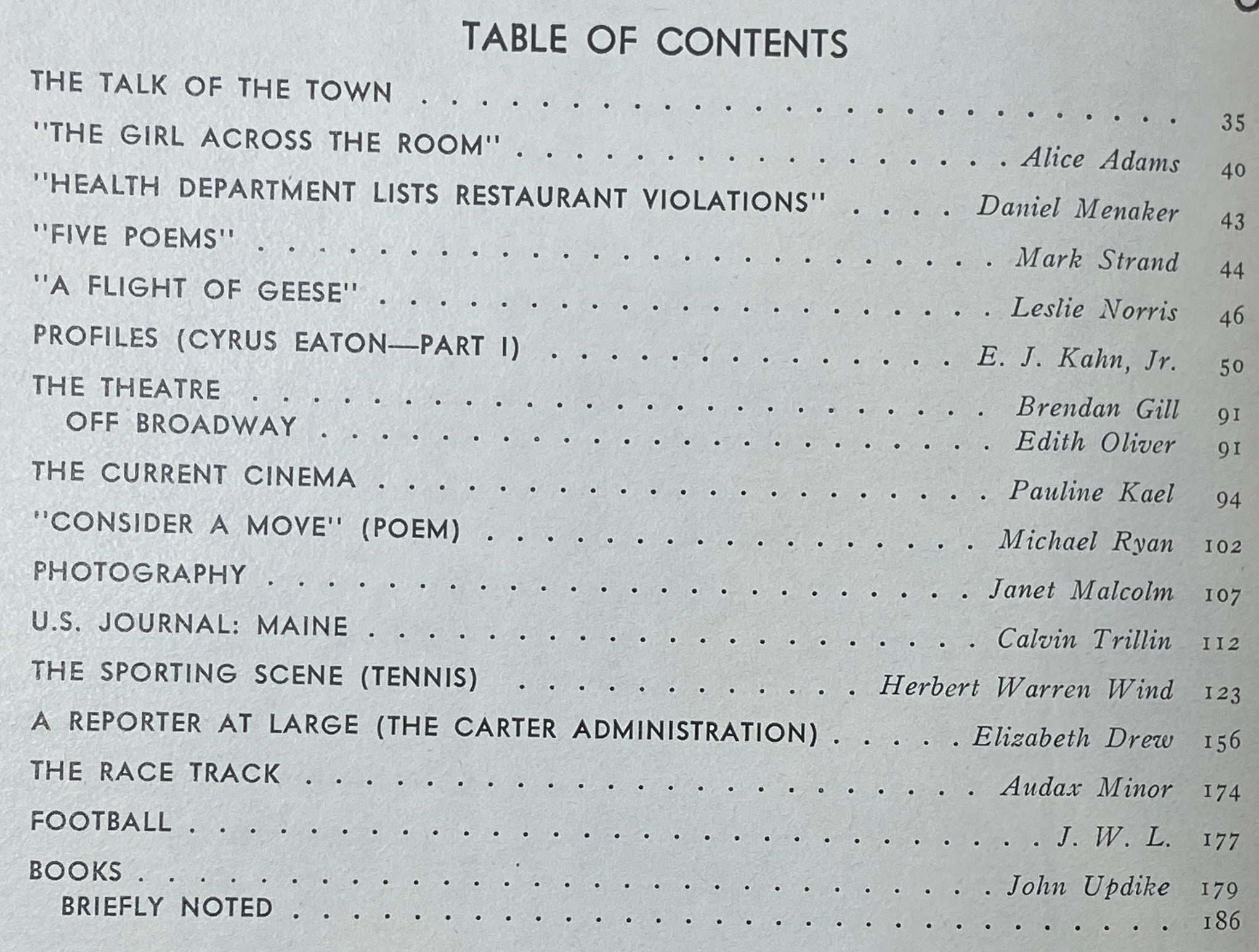 Table of Contents from The New Yorker Complete Magazine October 10, 1977, listing articles such as 'The Girl Across the Room' and 'Profiles (Cyrus Eaton—Part I)', highlighting vintage literary content.