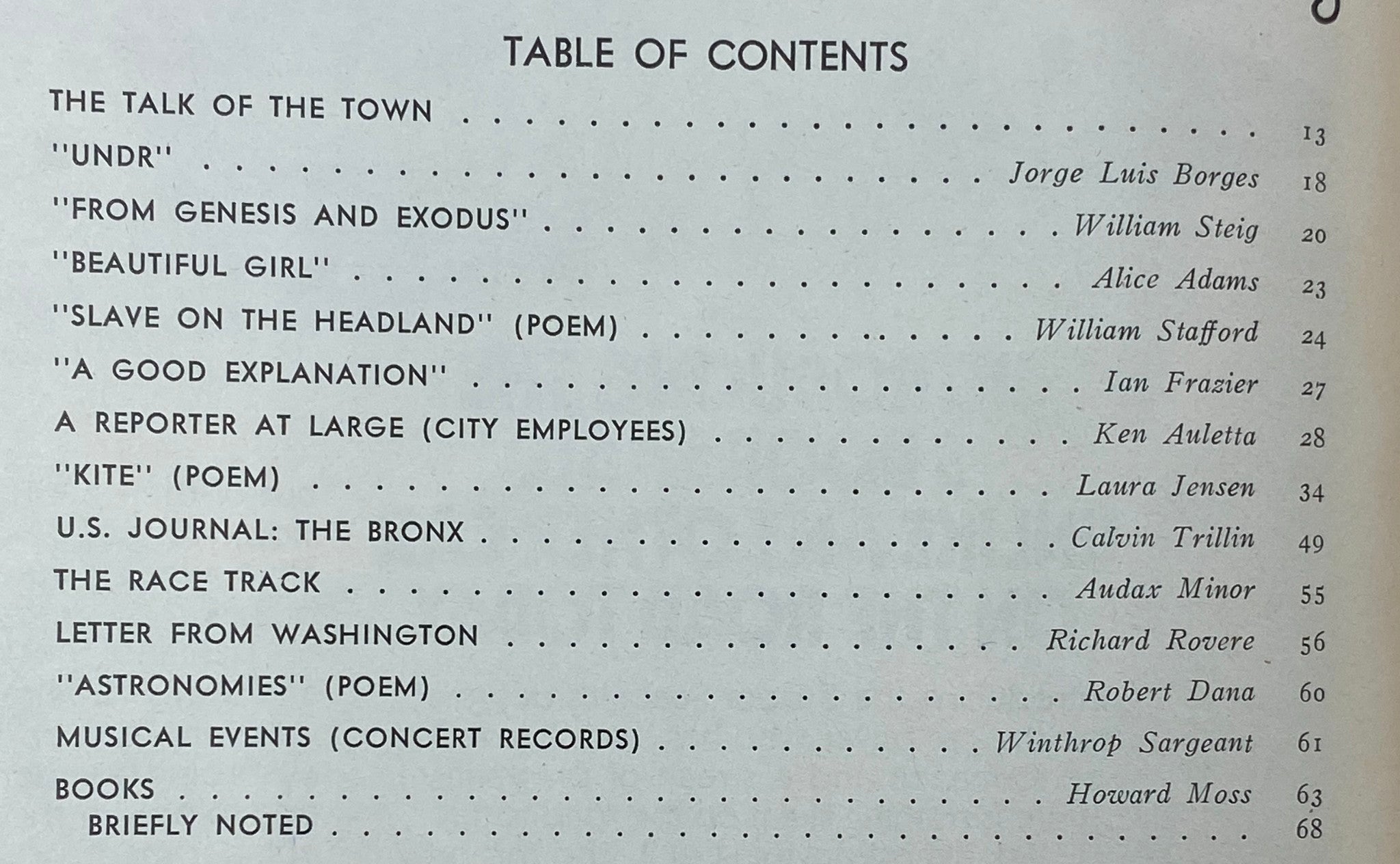 Table of contents of The New Yorker Complete Magazine August 1, 1977, listing featured articles and poetry, including contributions by Jorge Luis Borges and Alice Adams.