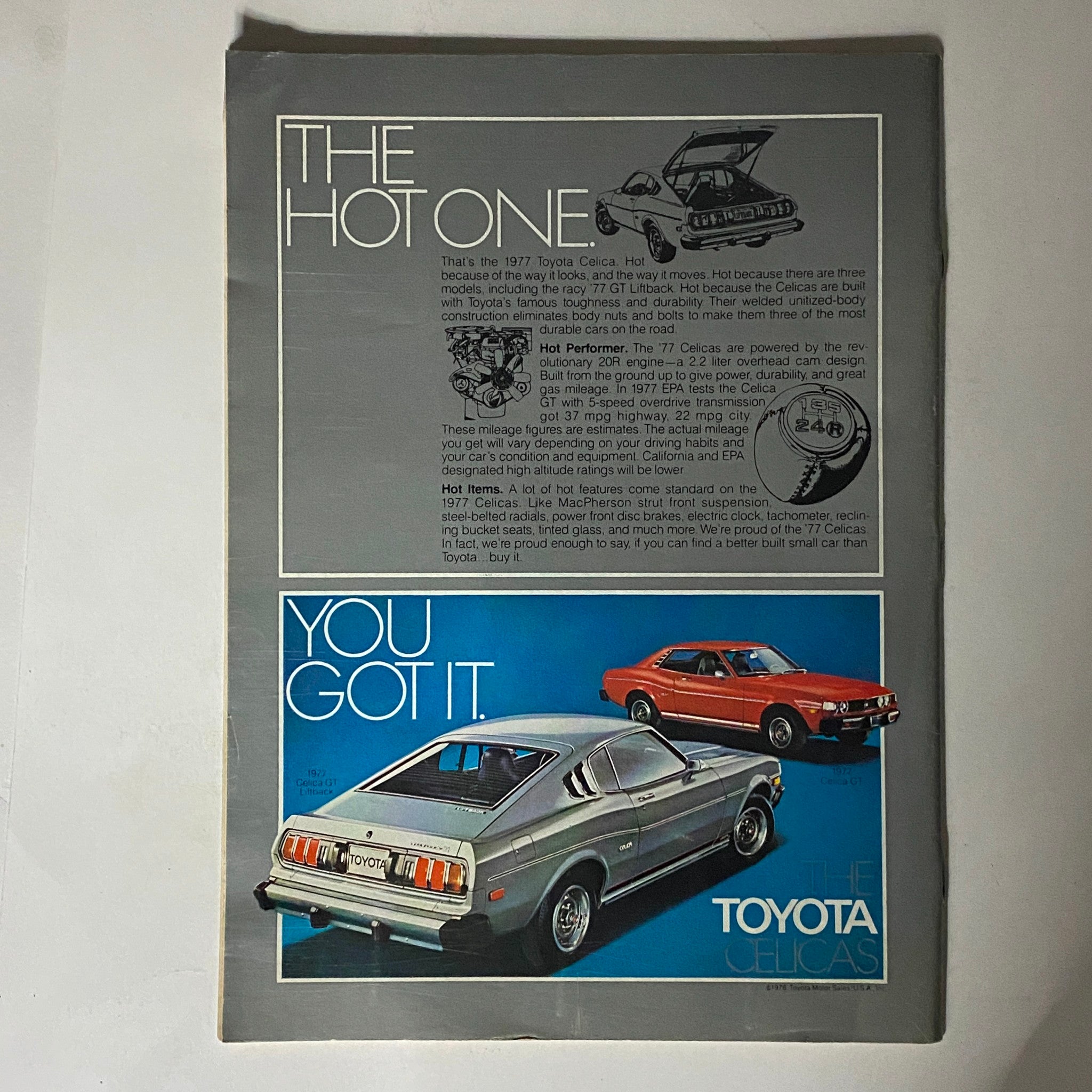 Back cover of The New Yorker Complete Magazine August 1, 1977, featuring a vintage advertisement for the 1977 Toyota Celica, highlighting its features and models.