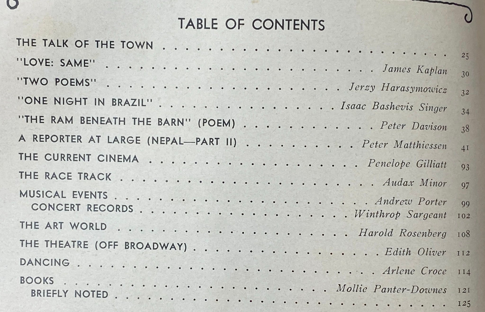 Table of contents page from The New Yorker Complete Magazine dated April 3, 1978, listing articles and features including 'The Talk of the Town' and 'One Night in Brazil'.