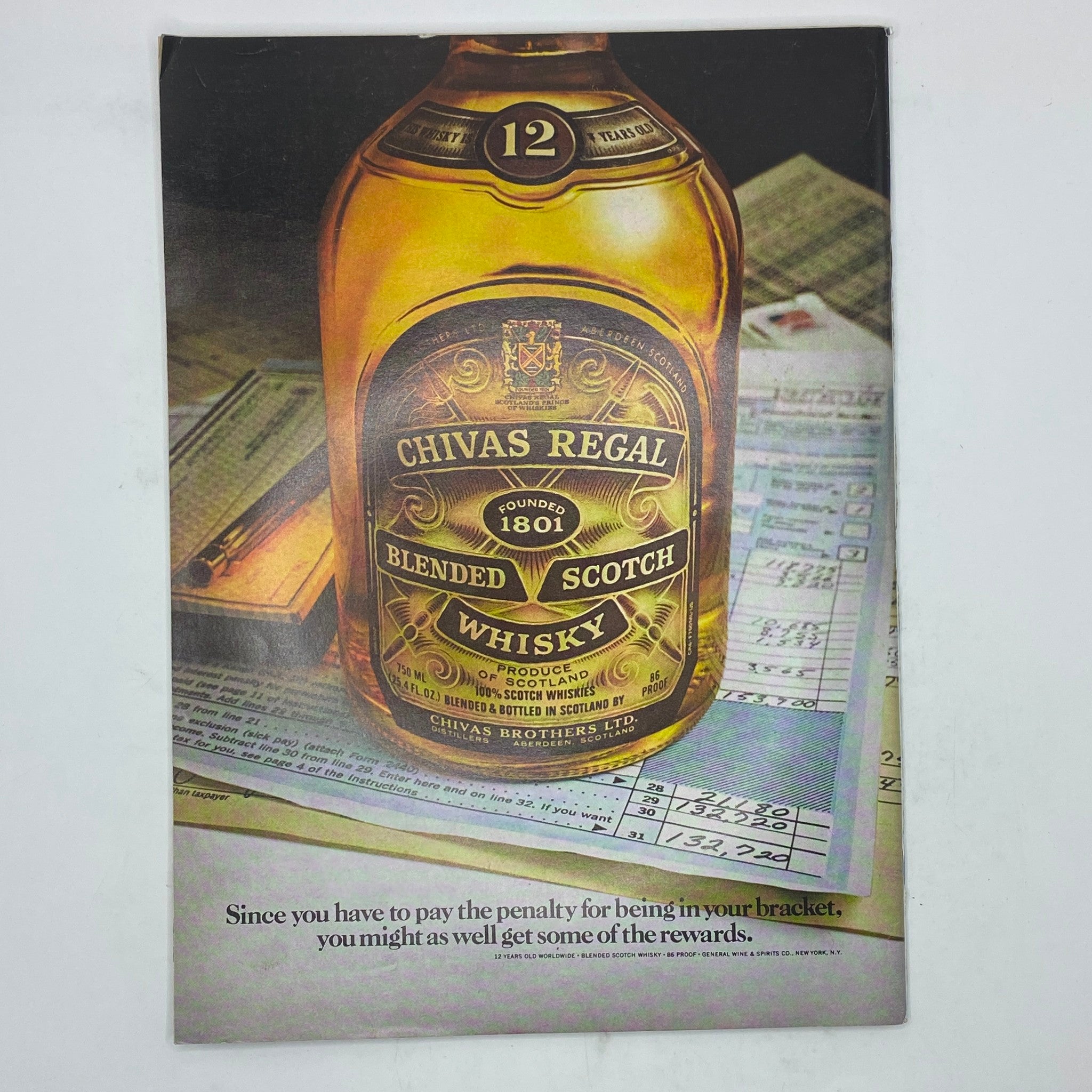Chivas Regal Blended Scotch Whisky advertisement from The New Yorker Complete Magazine April 3, 1978, featuring a close-up of the iconic bottle on a backdrop of paperwork.