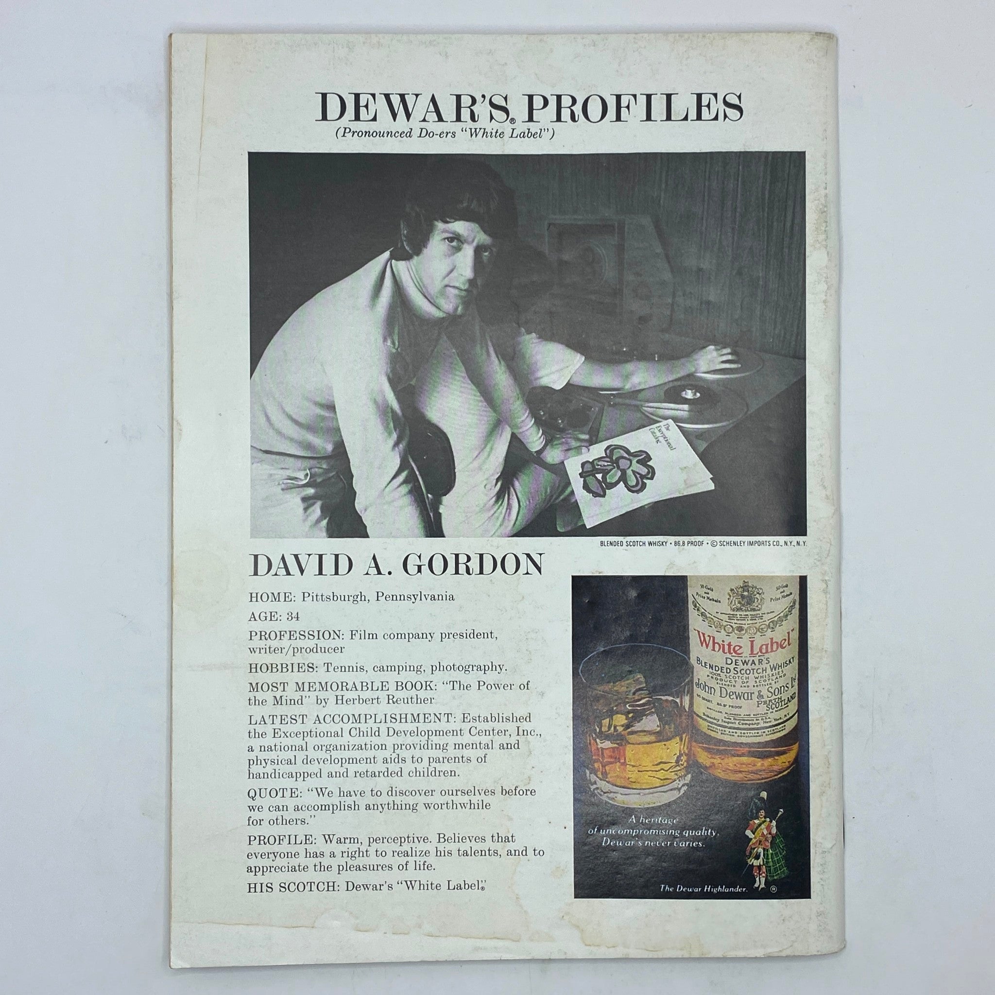 Back cover of The New Yorker magazine, April 17, 1978, featuring a profile on David A. Gordon and an advertisement for Dewar's whisky.