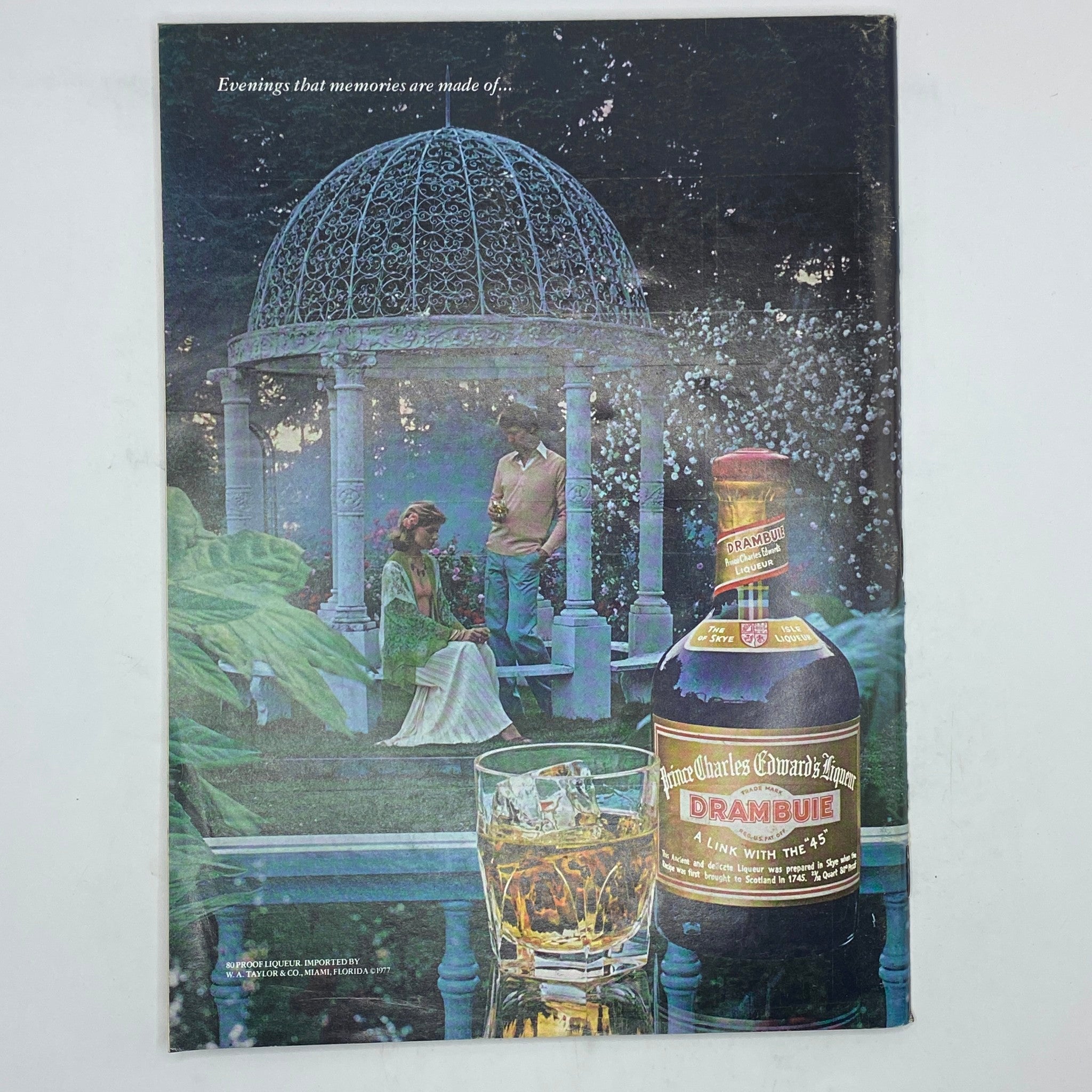 Vintage advertisement for Drambuie liqueur from The New Yorker Complete Magazine April 10, 1978, depicting a romantic evening scene with a couple and a bottle of Drambuie, emphasizing its appeal for memorable moments.