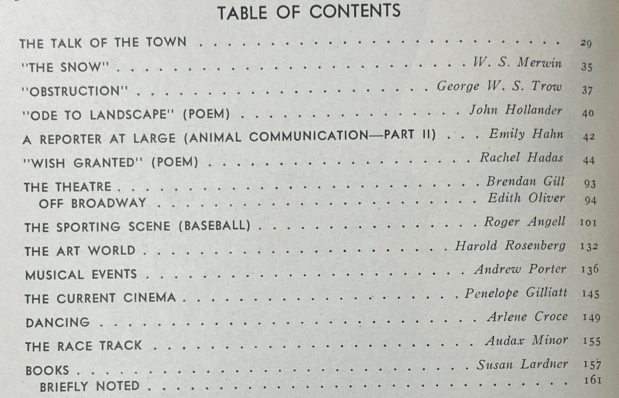 Table of contents from The New Yorker magazine April 24, 1978, listing articles and poems including 'The Talk of the Town' and 'Obstruction'.