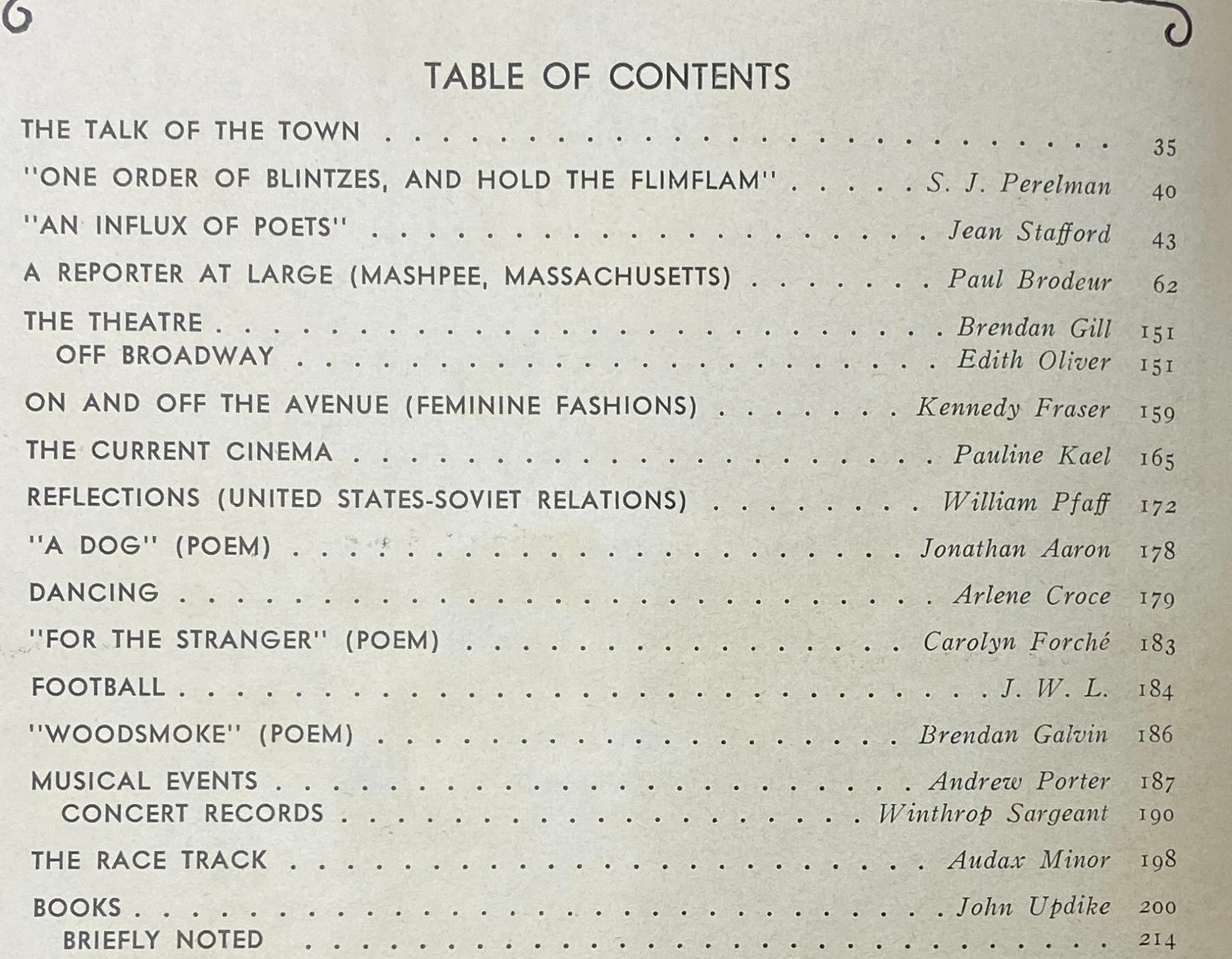 Table of Contents from The New Yorker Complete Magazine November 6, 1978 featuring articles such as 'The Talk of the Town', 'An Influx of Poets', and contributions from S. J. Perelman and Pauline Kael, showcasing the intellectual spirit of The New Yorker.