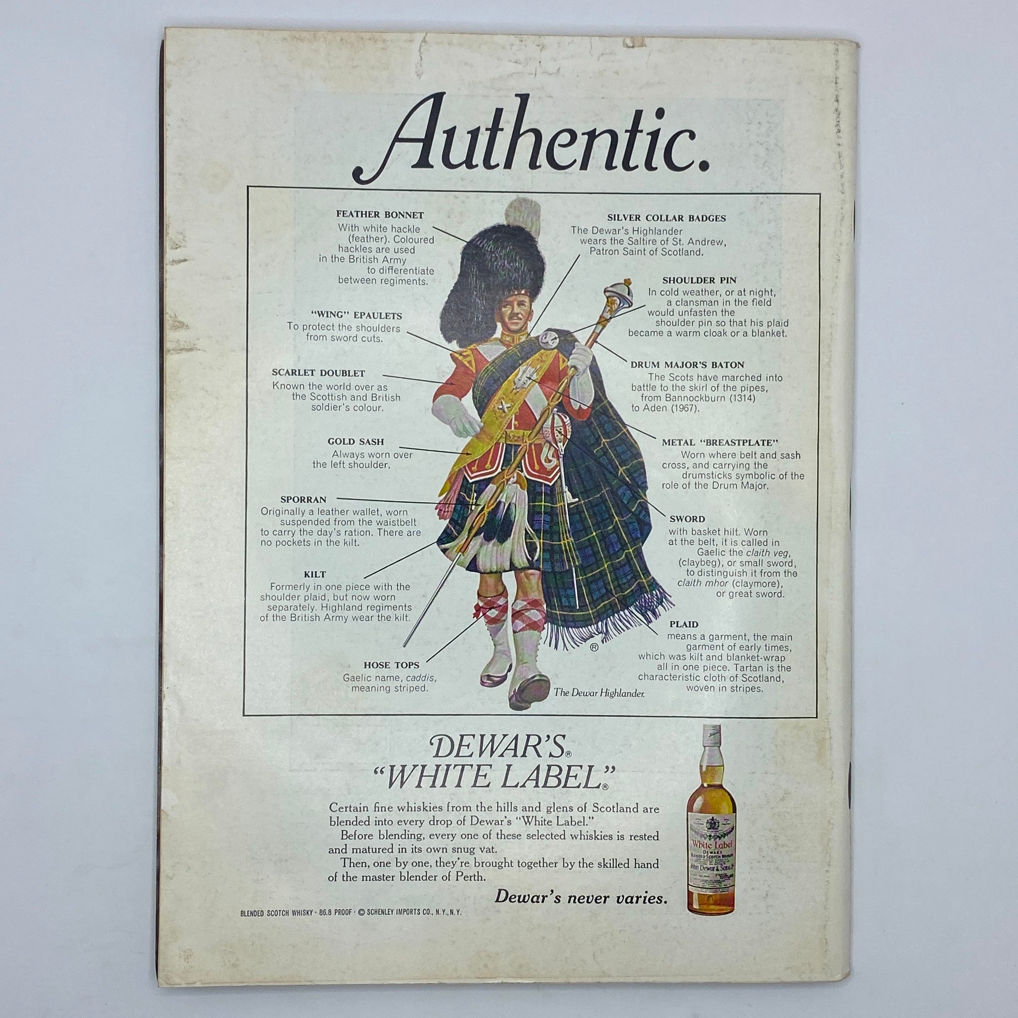 Back cover advertisement of The New Yorker Complete Magazine November 6, 1978 featuring 'Dewar's White Label' whisky, illustrated with a depiction of a Scottish soldier in traditional dress, emphasizing the cultural themes of the late 1970s.