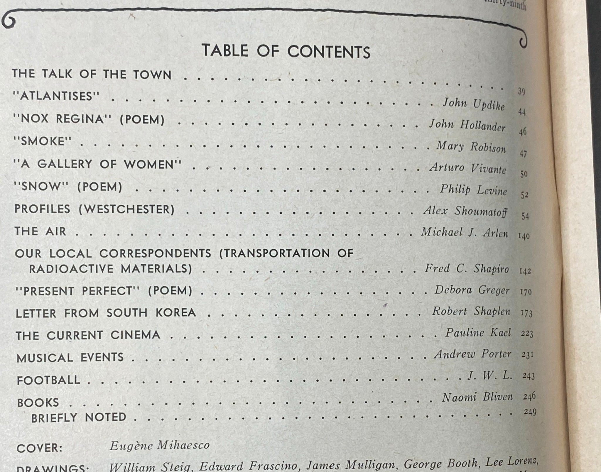 Table of contents from The New Yorker Complete Magazine November 13, 1978, listing articles like 'Atlantises' by John Updike and 'Nox Regina' by John Hollander.