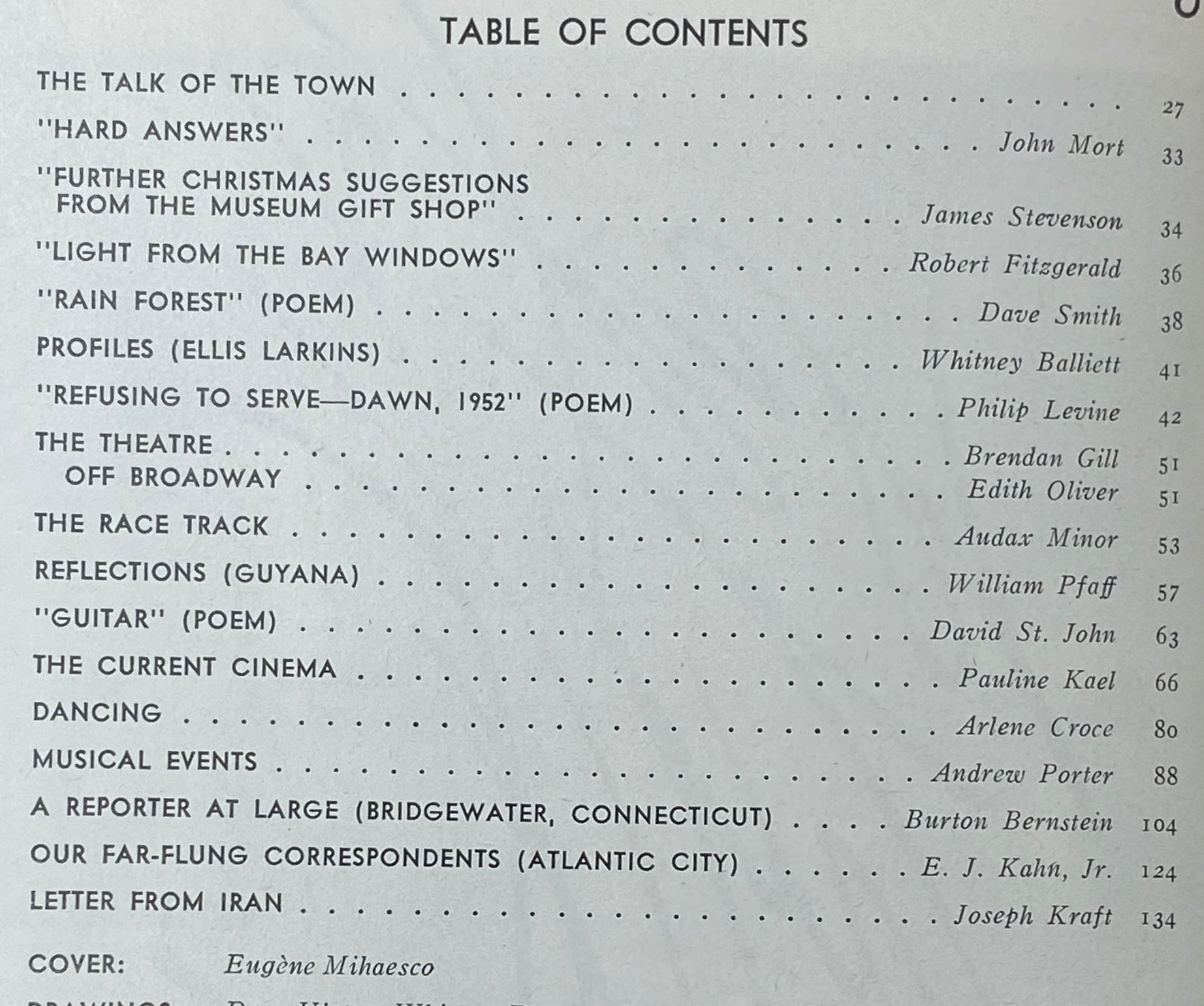Table of Contents of The New Yorker Magazine December 18, 1978, listing diverse articles, poems, and features of cultural significance.