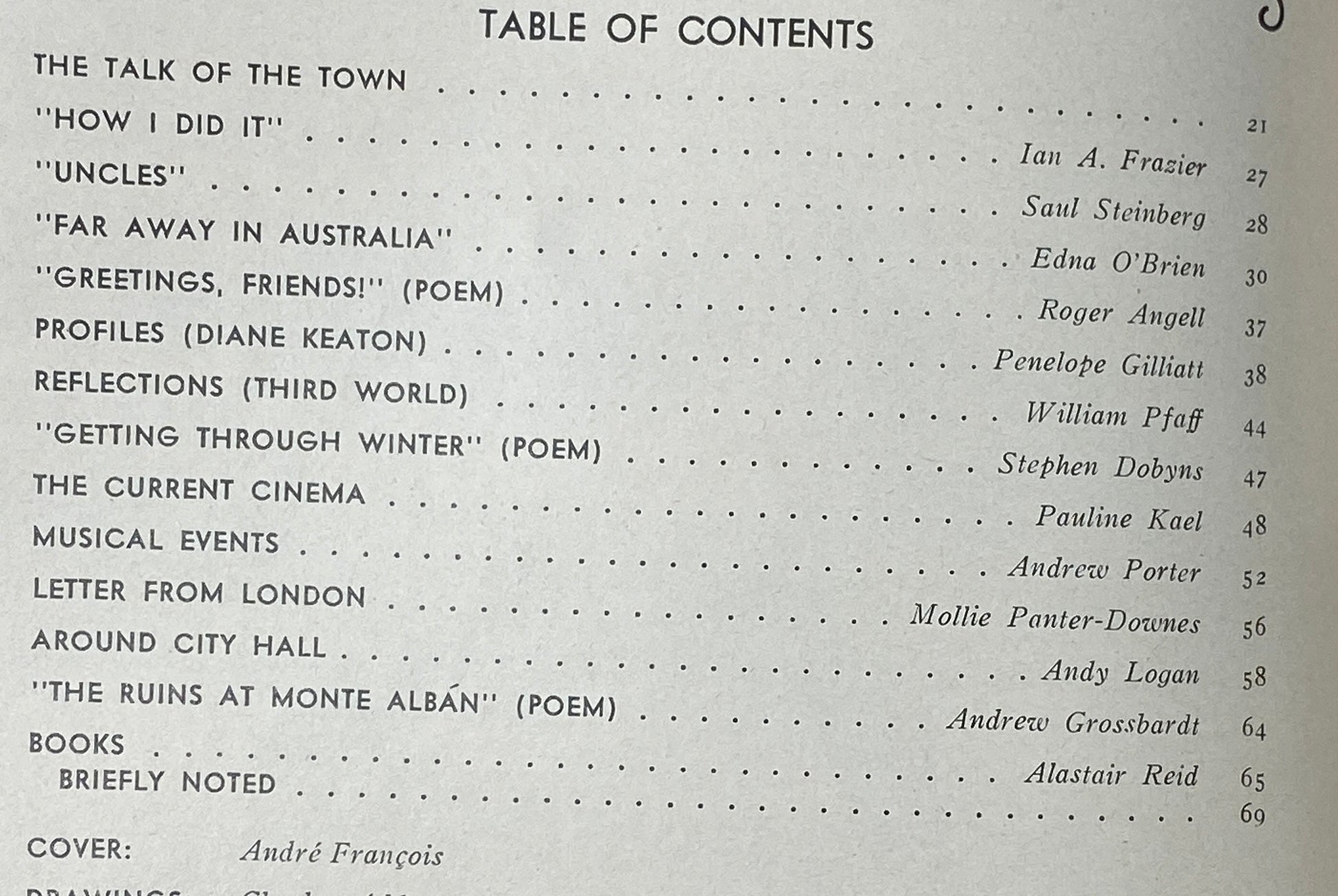 Table of Contents from The New Yorker Complete Magazine December 25, 1978 showcasing various articles and features including 'The Talk of the Town' and 'Profiles.'