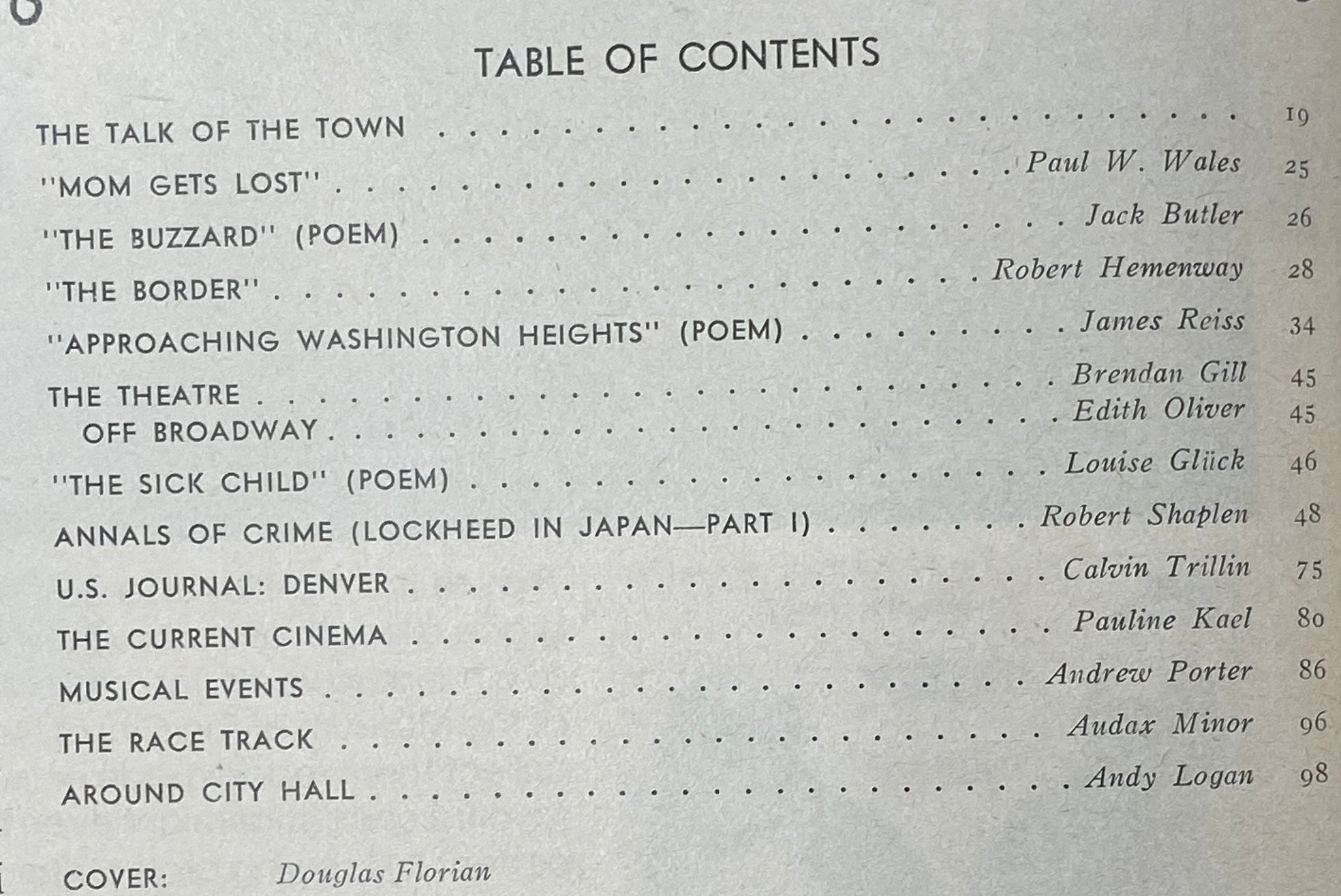 Table of contents from The New Yorker Complete Magazine January 23, 1978, listing featured articles and poems, including 'Mom Gets Lost' by Paul W. Wales and 'The Sick Child' by Louise Glück.